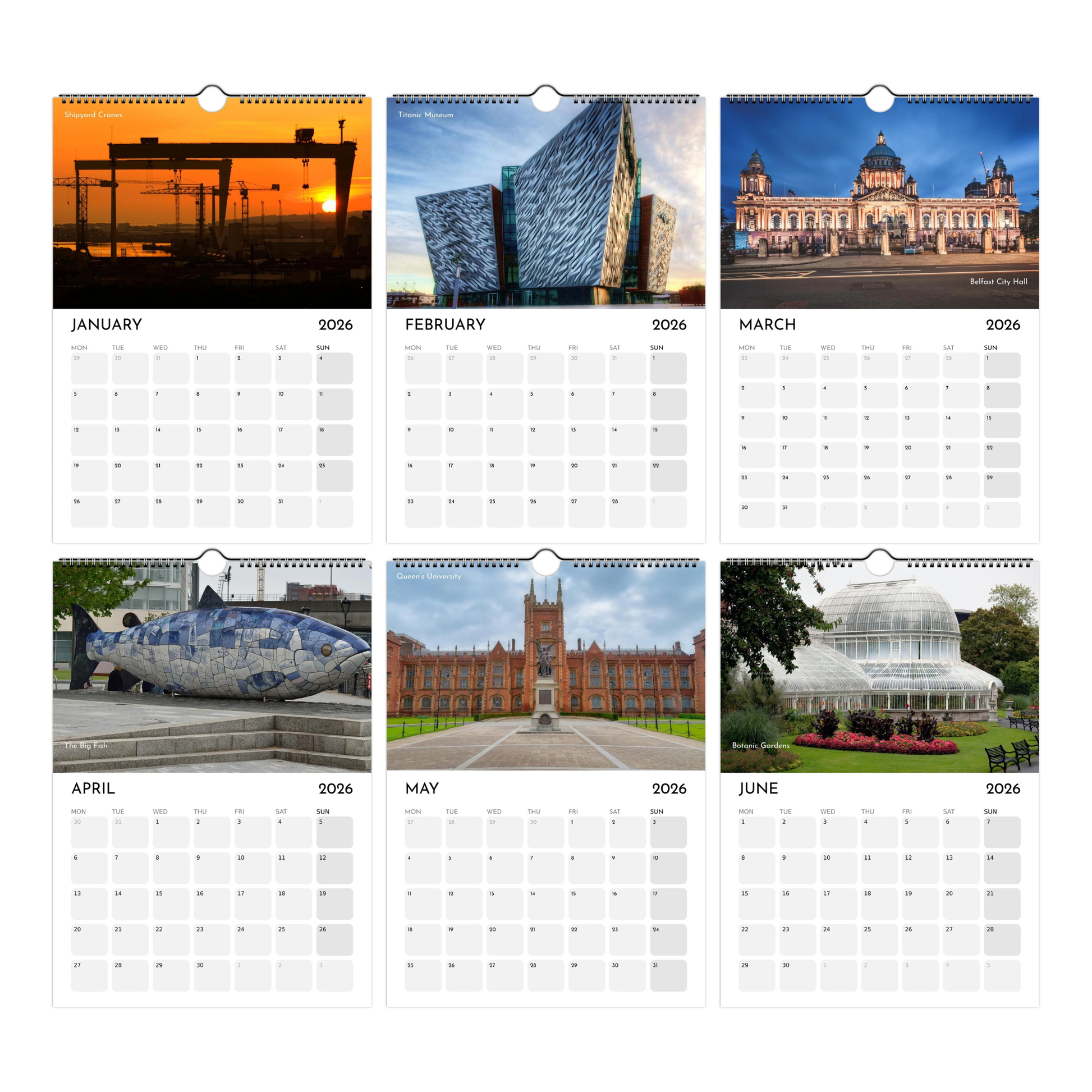Belfast Calendar 2026 with scenic images of buildings and landmarks for each month.