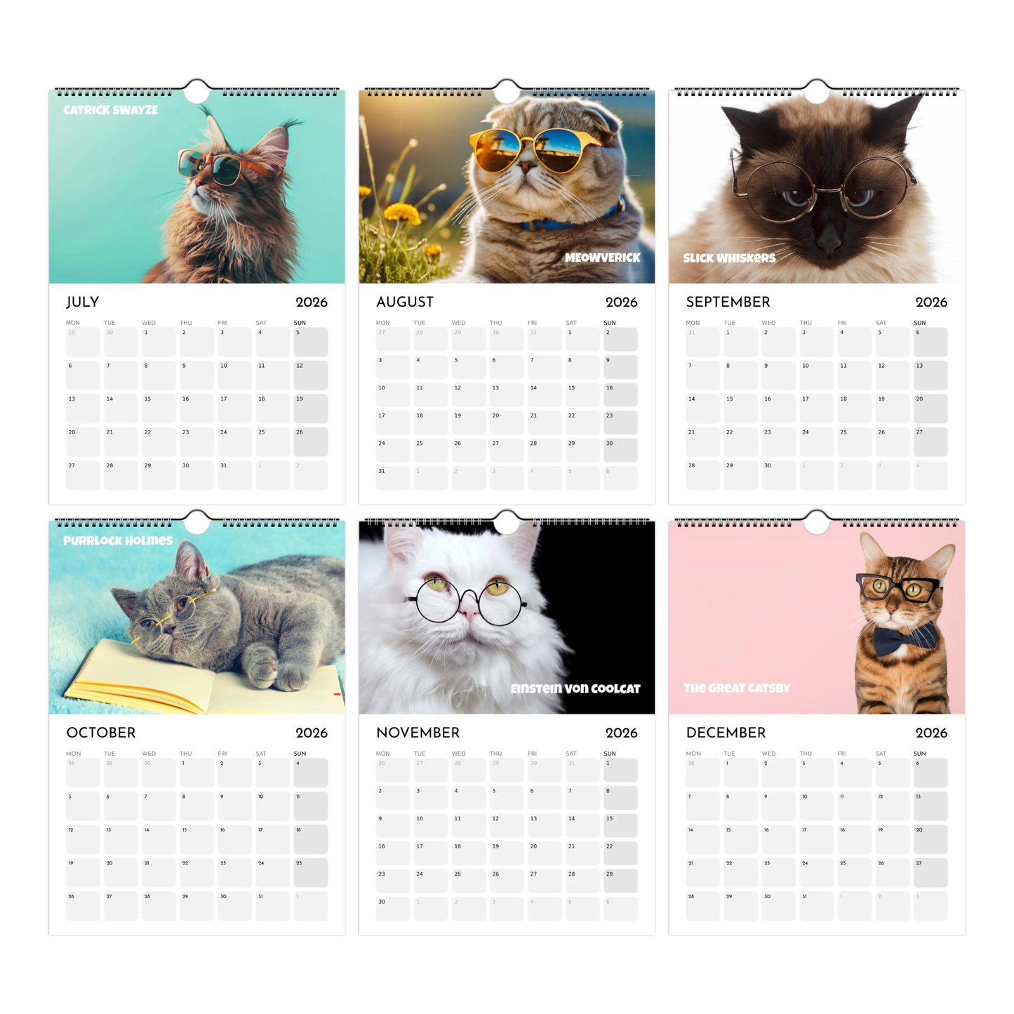 Calendar with images of cats wearing sunglasses and glasses on each month's cover.
