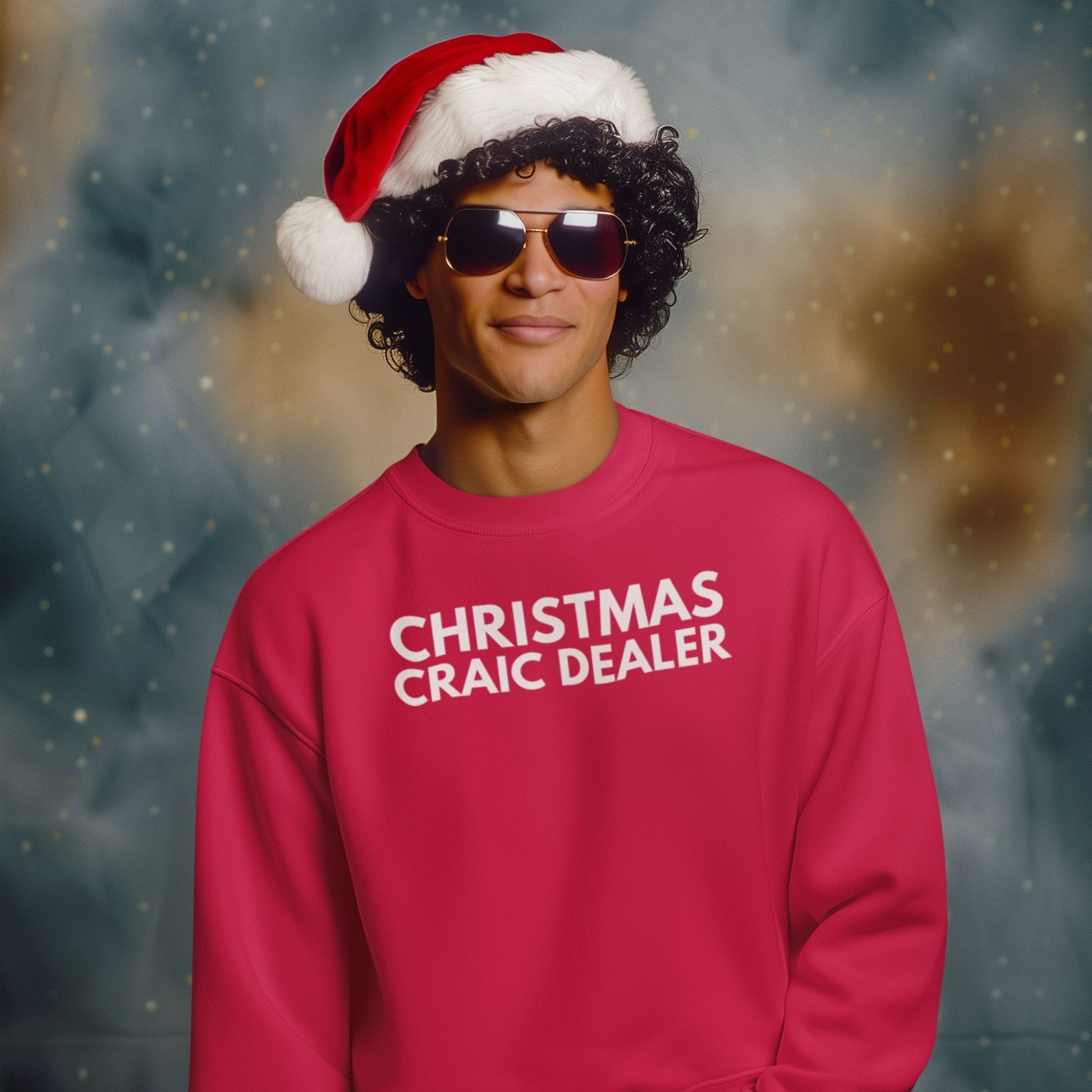 Person wearing a red 'Christmas Craic Dealer' sweatshirt and Santa hat with a festive background. Irish Humour.