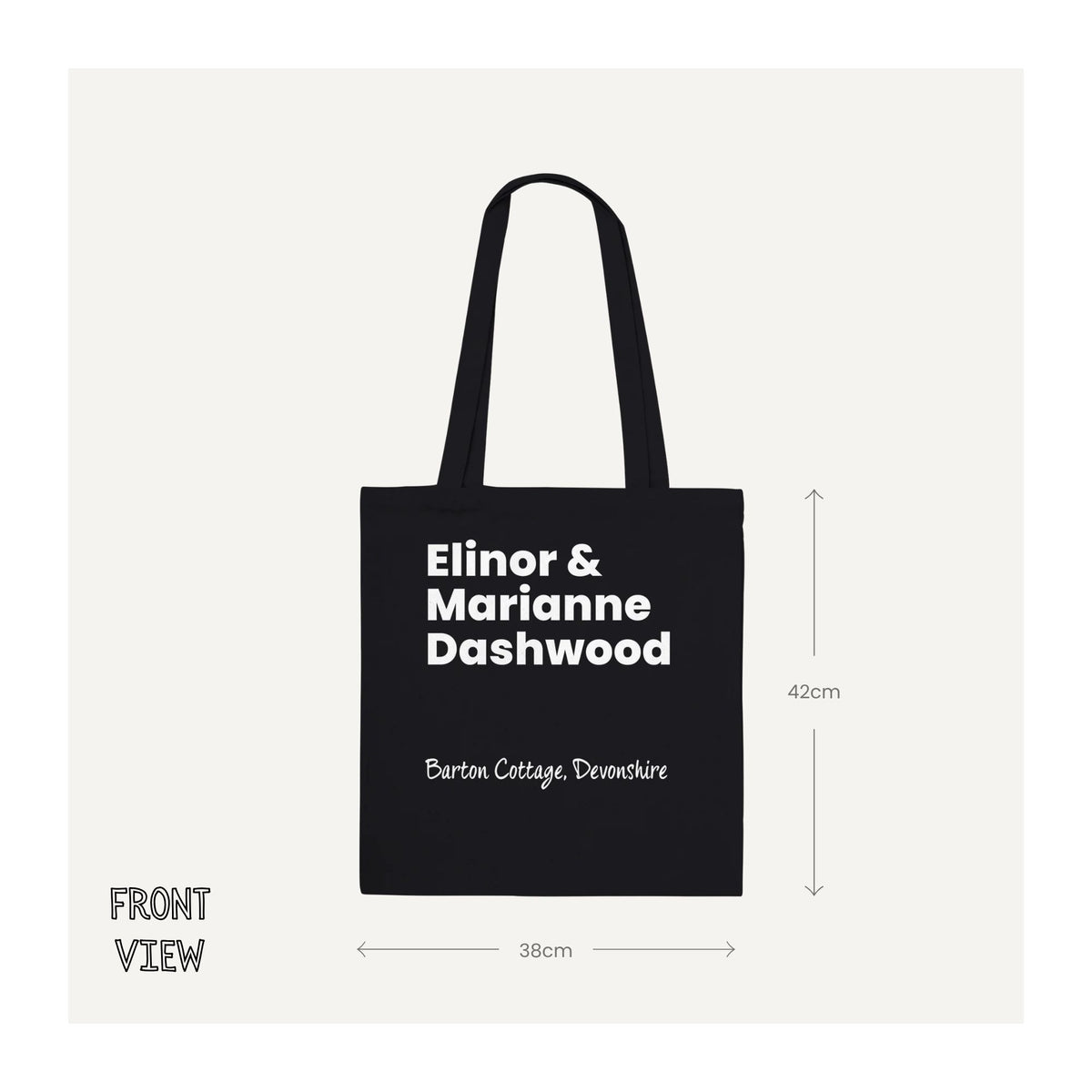 Black Sense and Sensibility tote bag size guide showing the 38 cm wide by 42 cm high front view. The literary tote features Elinor & Marianne Dashwood in white with Barton Cottage, Devonshire beneath, a minimalist Jane Austen design inspired by the Dashwood sisters and their home in Sense and Sensibility.