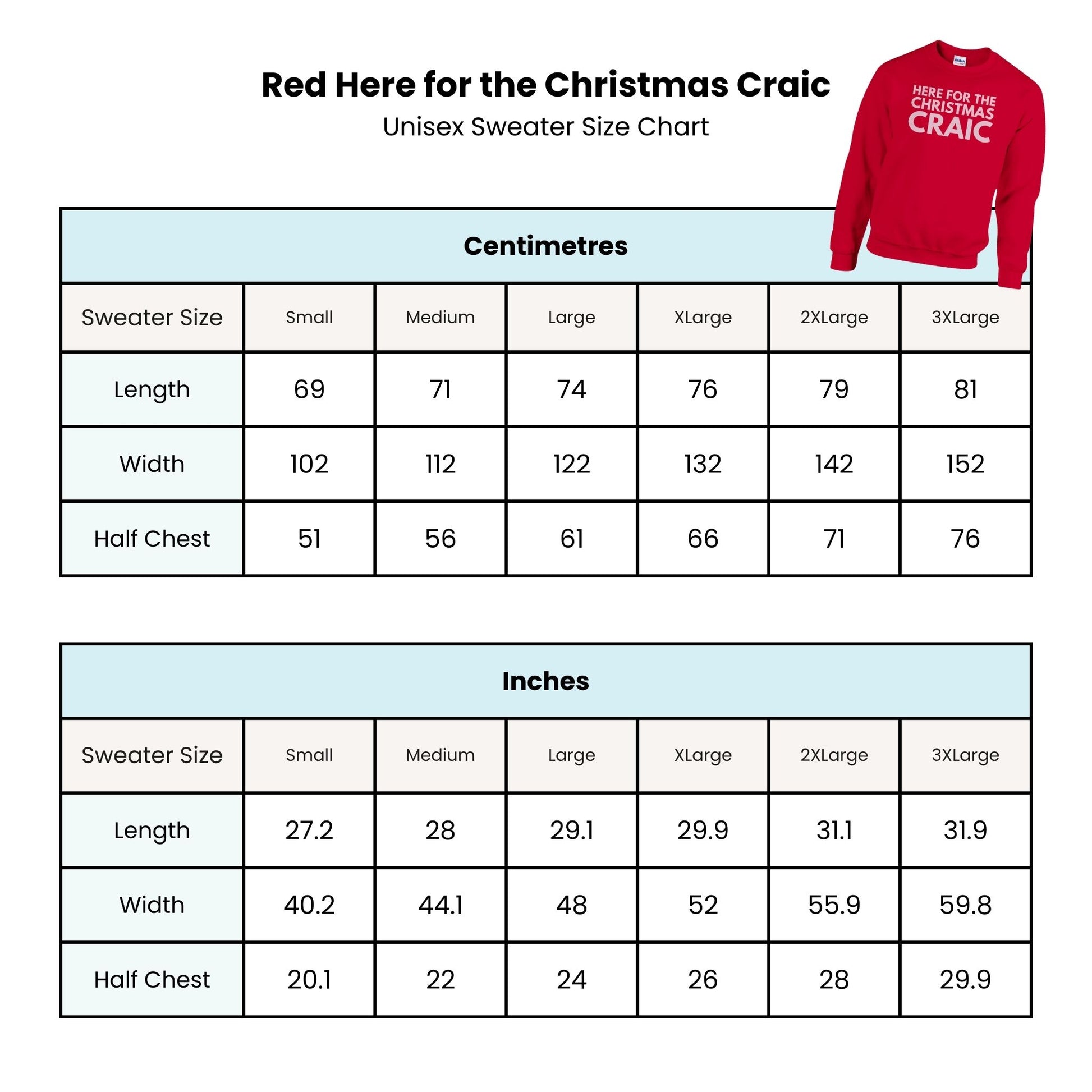 Size chart for a red sweater with pink text 'Here for the Christmas Craic' on a white background.