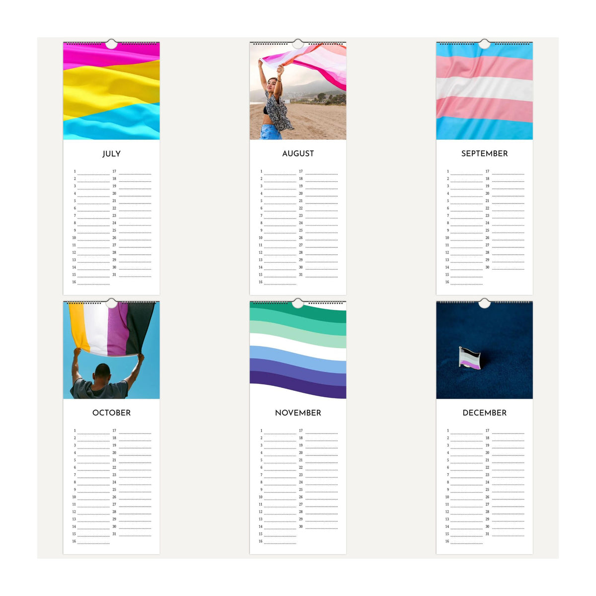 Love Diversity and Pride Flags Birthday Calendar thumbnail images of each month July to December