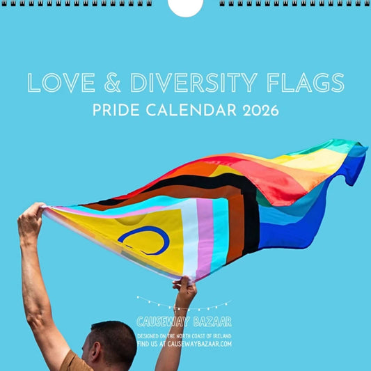 Pride calendar 2026 featuring a person holding a rainbow flag against a blue background.