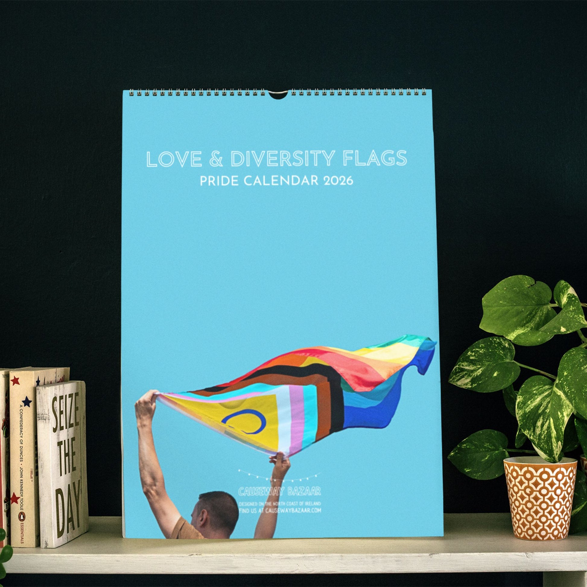 Pride calendar titled 'Love & Diversity Flags' on a shelf with books and a plant.