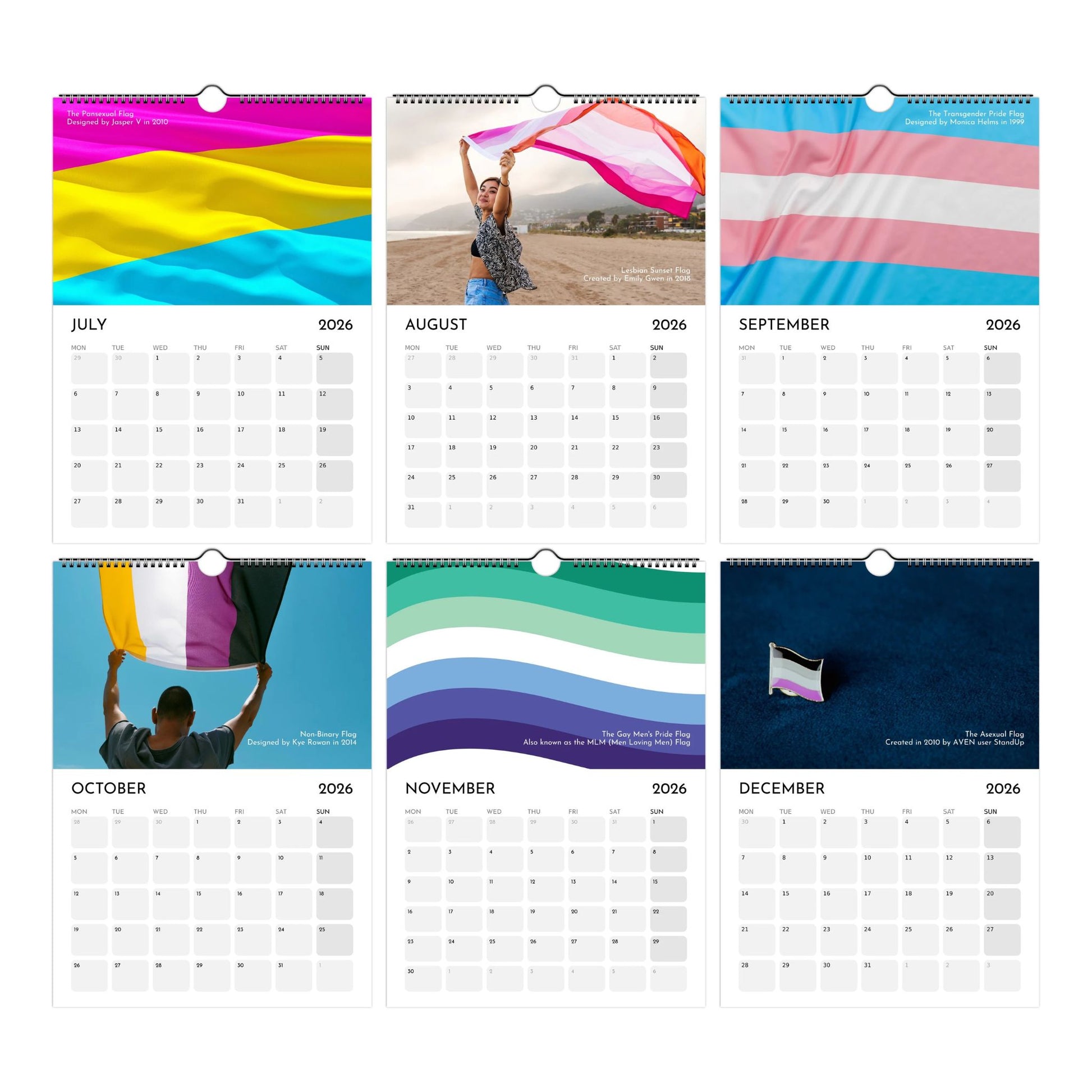 Calendar with images of people holding rainbow flags and colorful abstract designs.
