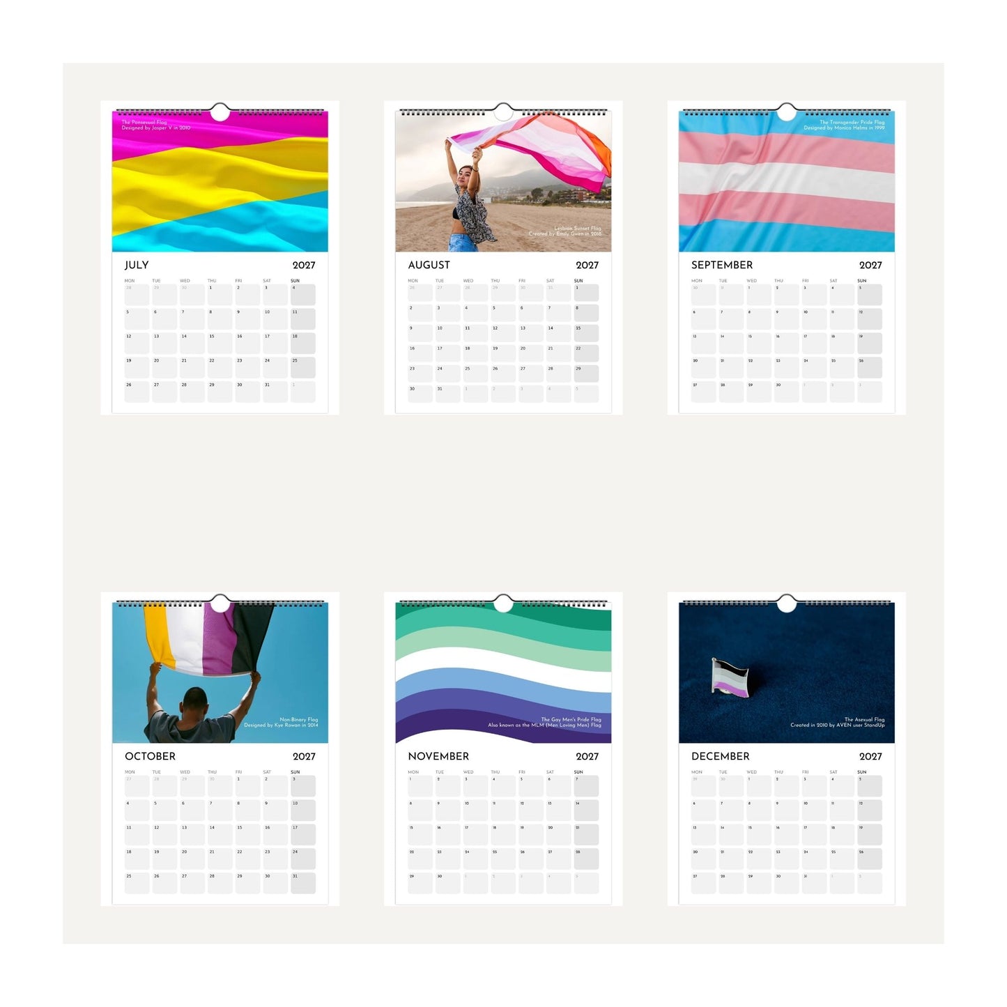 Six thumbnail images taken depicting pages from a Love, Pride and Diversity Flags calendar 2027. Displayed on a light beige background, featuring pride-themed illustrations and monthly grids from July to December 2027.