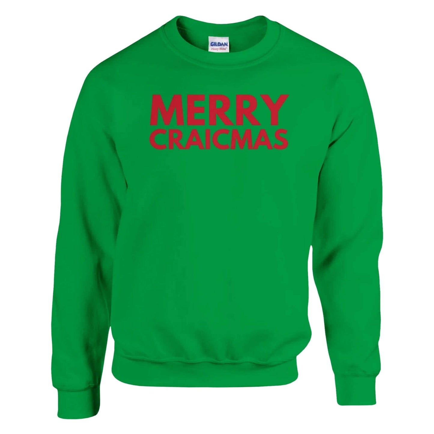 Green sweatshirt with 'MERRY CRAICMAS' red text on a white background