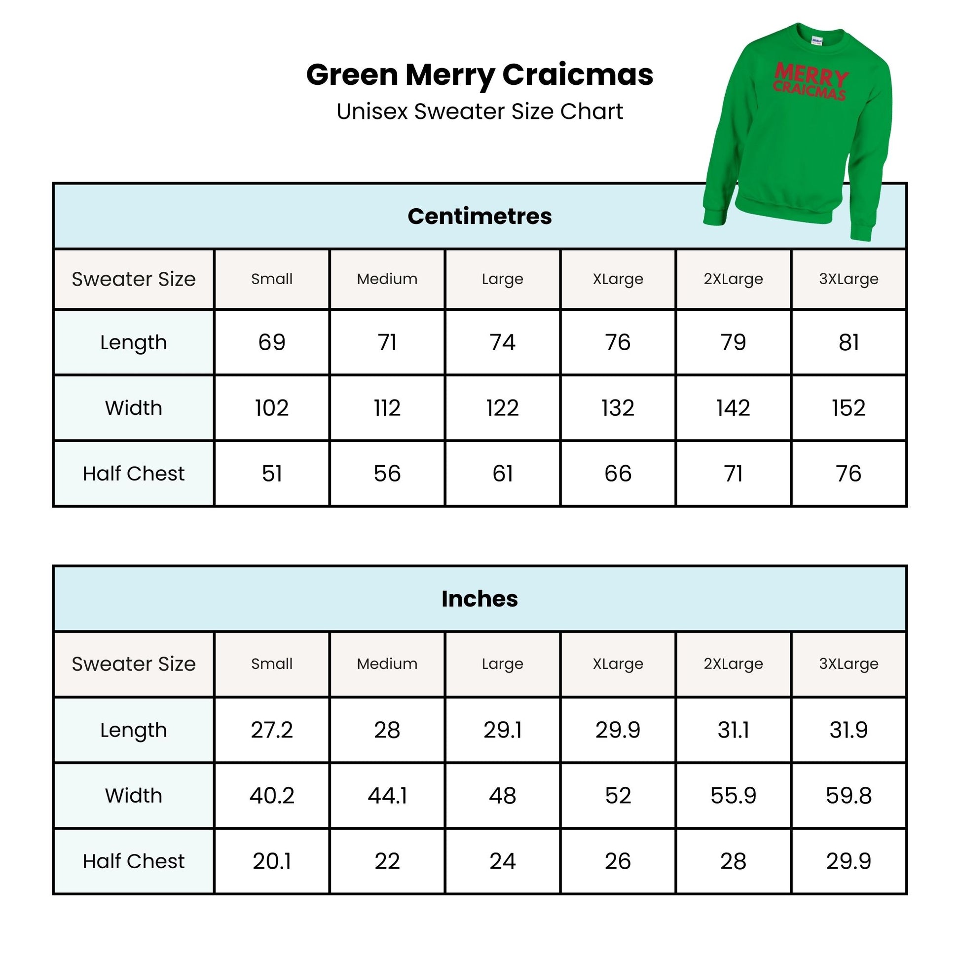 Green Christmas sweater with Irish Merry Christmas text in red (Size Chart)