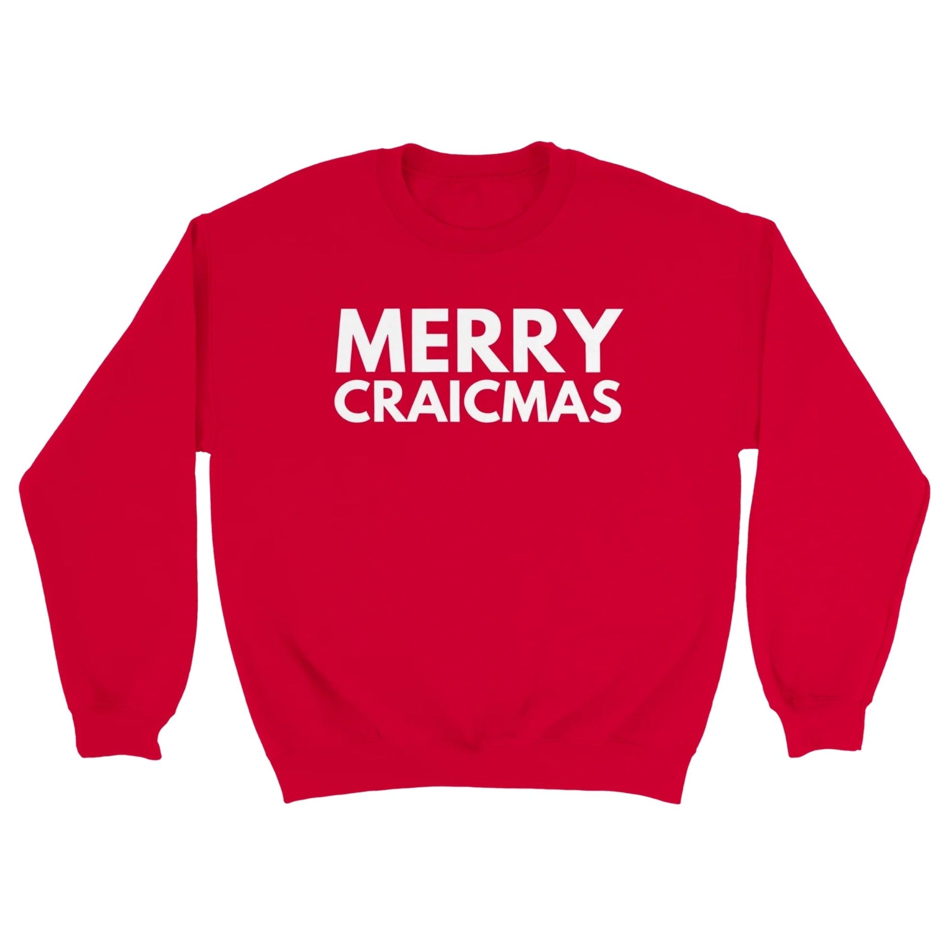 Red sweatshirt with 'MERRY CRAICMAS' white text on a white background