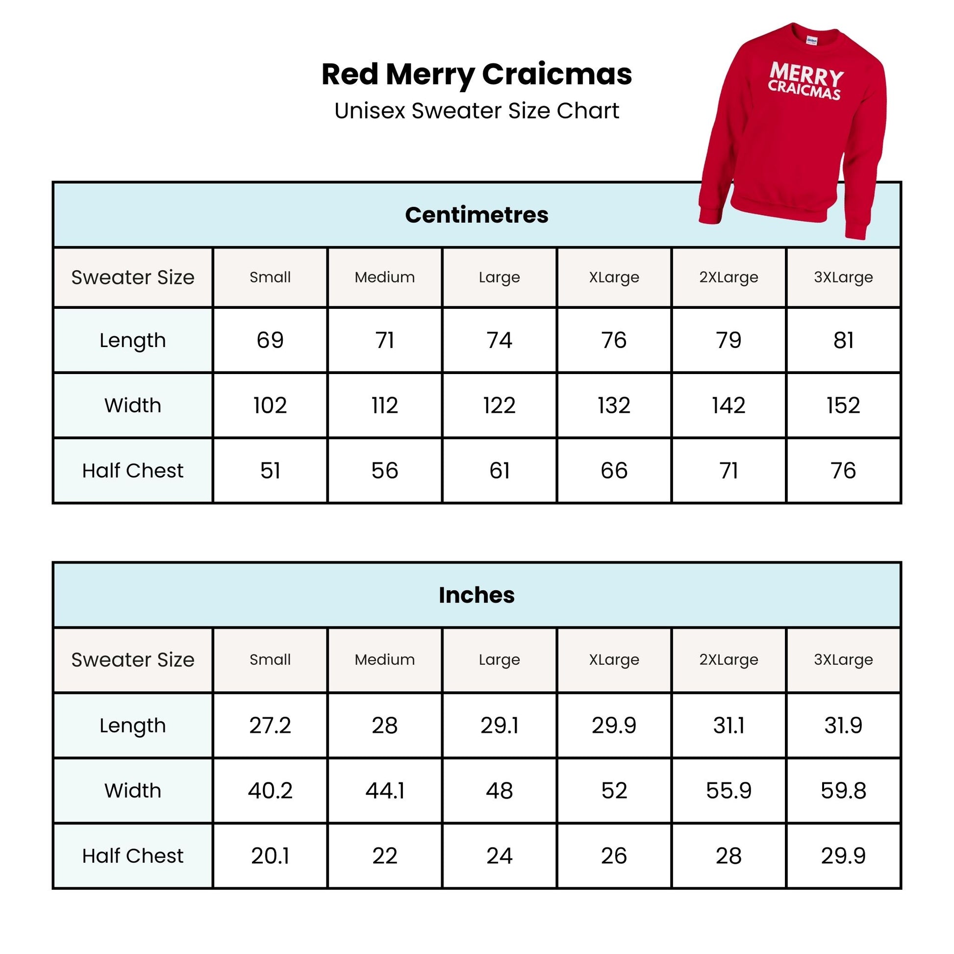 Red Merry Craicmas sweater size chart with measurements in centimeters and inches.