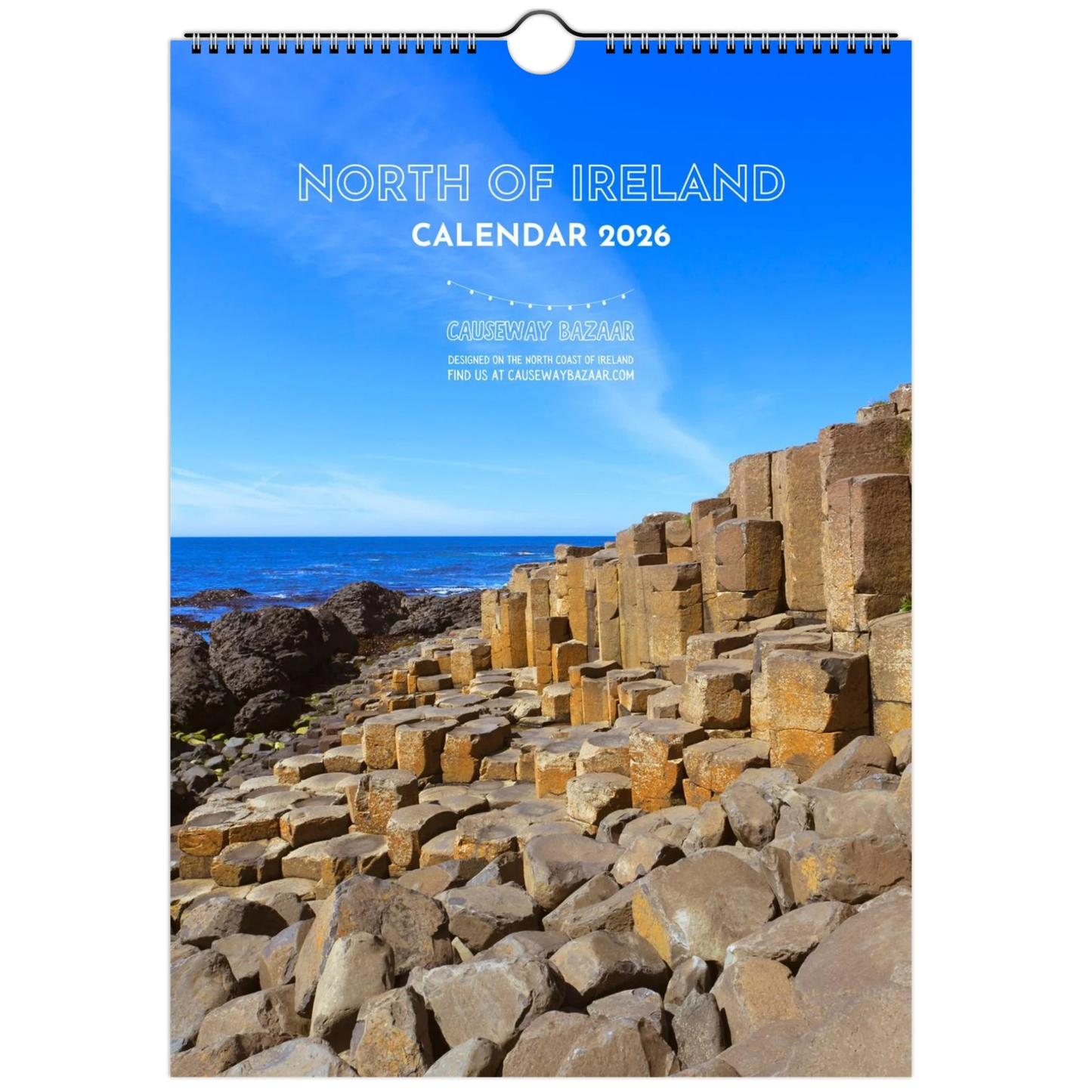 Calendar for North of Ireland 2026 with a scenic view of stone formations and ocean.