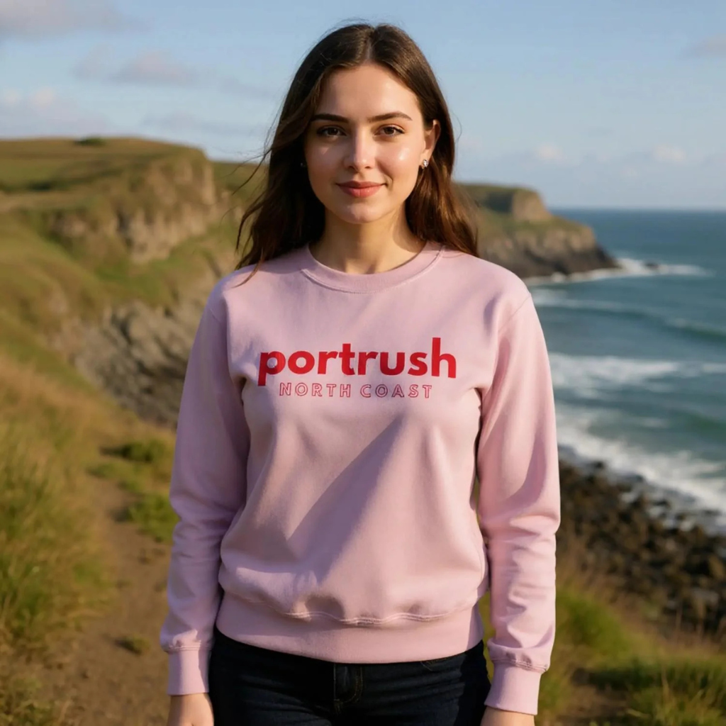 Pink Portrush North Coast Sweater Northern Ireland Apparel (Model on Sand Dune)