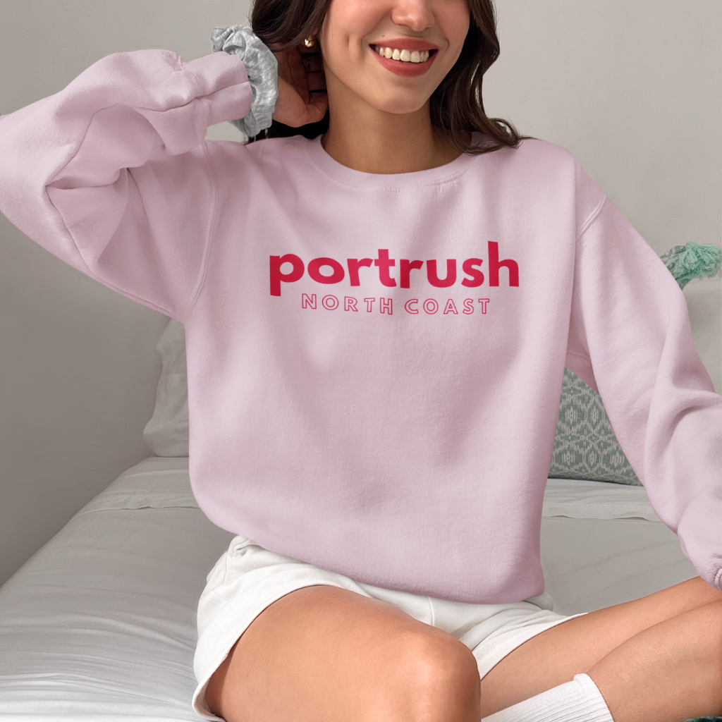 Model wearing Pink Portrush North Coast Sweater Northern Ireland Apparel