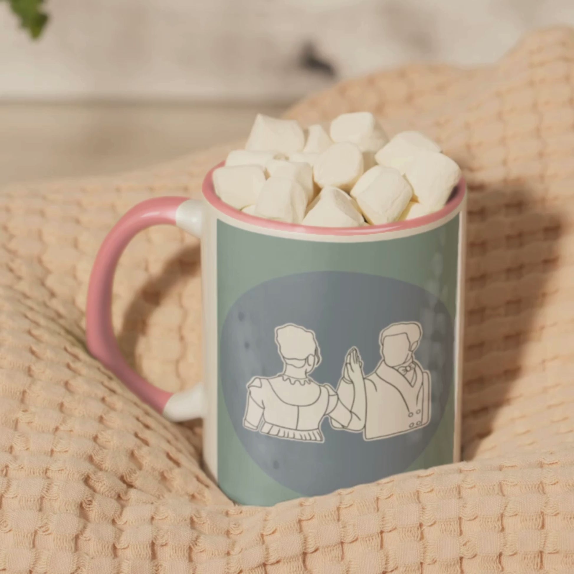 Jane Austen inspired mug with a design of Mr Darcy and Elizabeth Bennett dancing