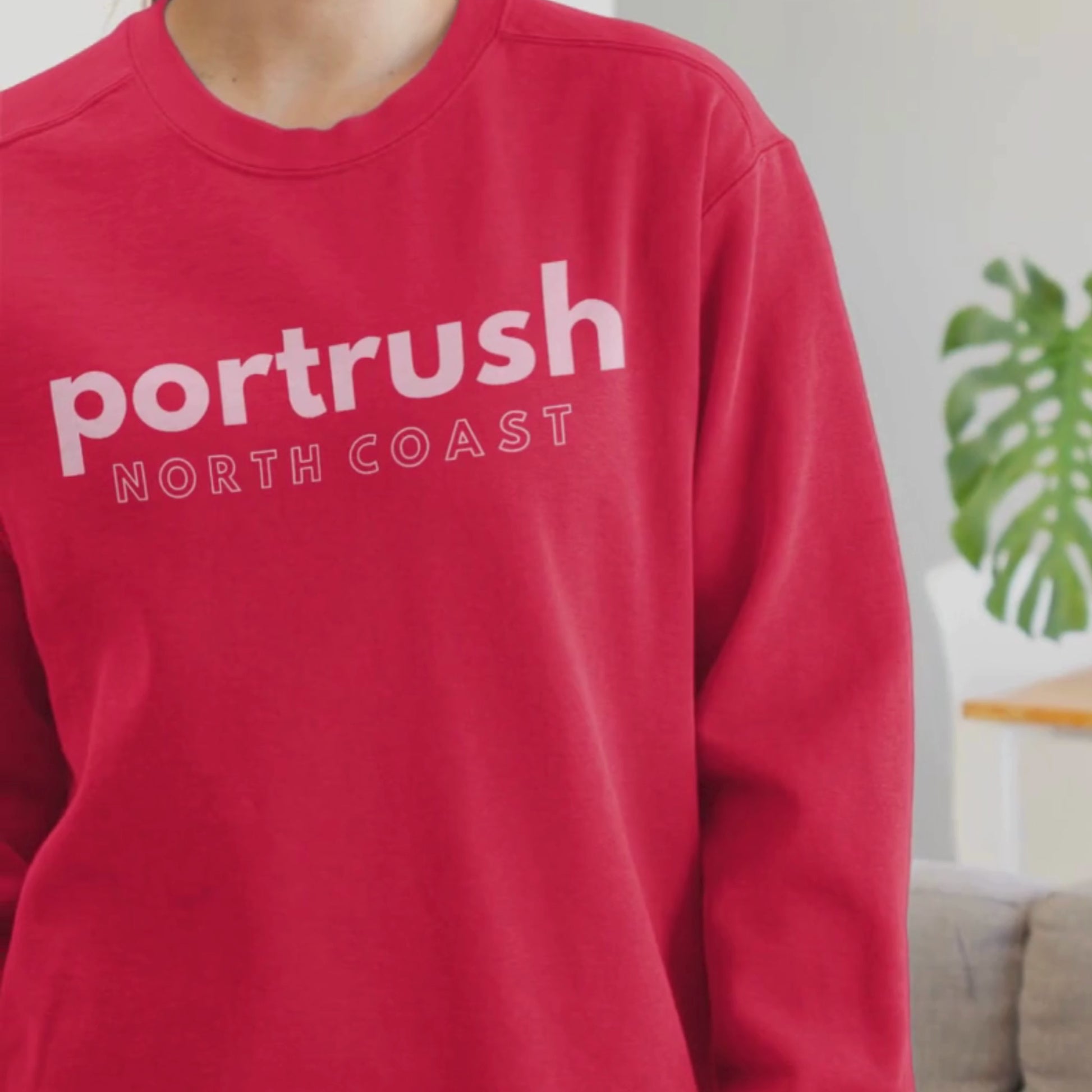 Red Portrush North Coast Sweater with Pink Text by Causeway Bazaar Northern Ireland (Video)