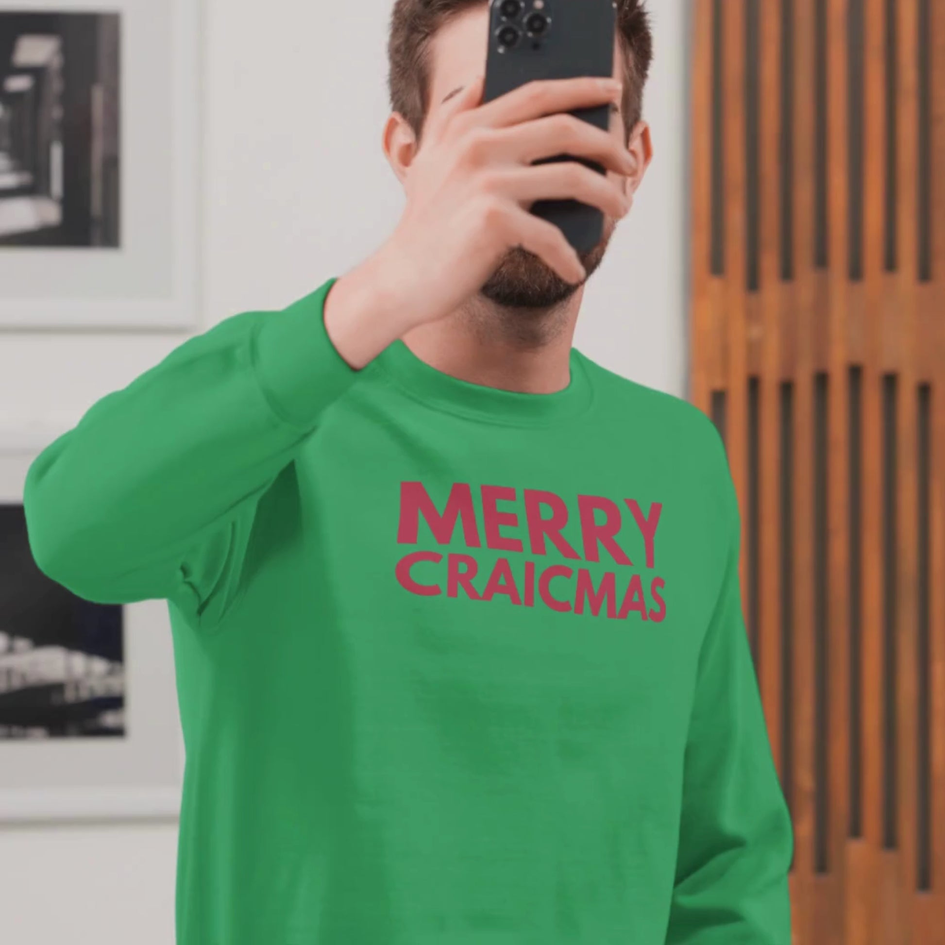 Green Christmas sweater with Irish Merry Christmas text in red