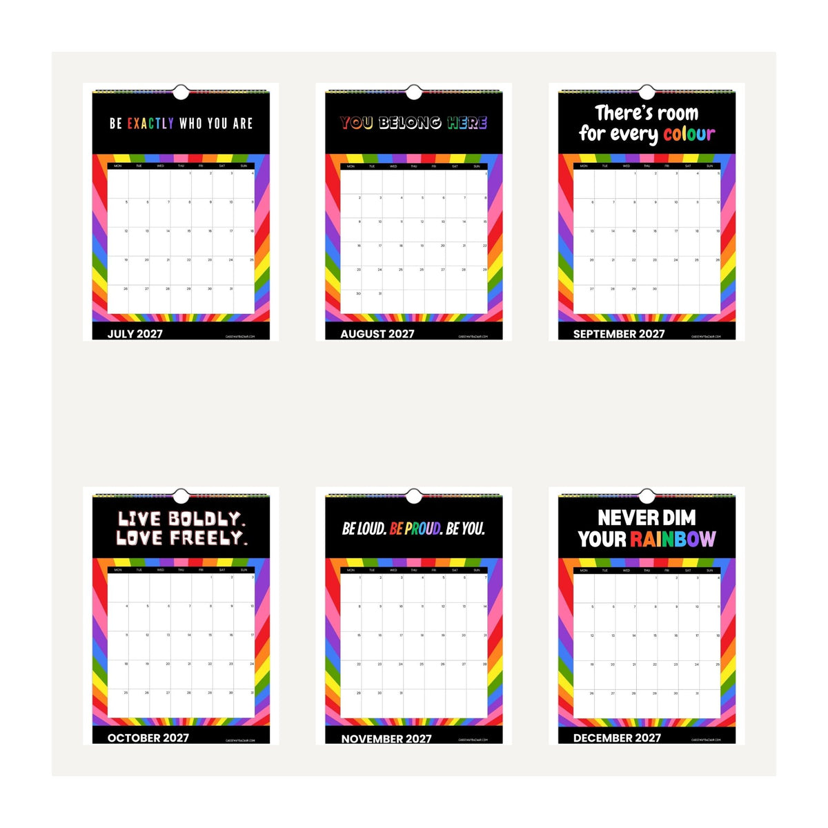 Pride & Positivity Calendar 2027 thumbnail preview showing July to December monthly pages with LGBTQ+ affirmations including Be Exactly Who You Are, You Belong Here, There’s Room for Every Colour, Live Boldly Love Freely, Be Loud Be Proud Be You and Never Dim Your Rainbow.