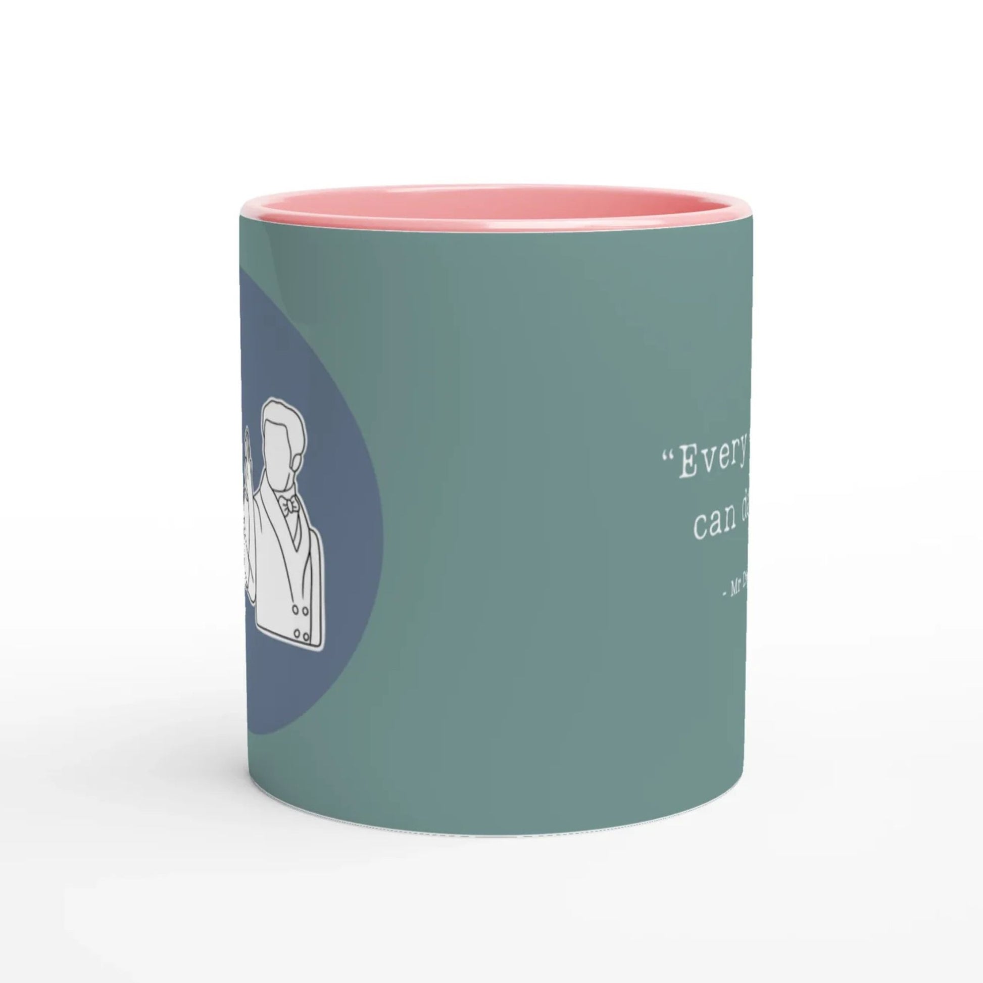 Green mug with pink interior, featuring a Pride and Prejudice quote and a silhouette  of Mr Darcy on a white background