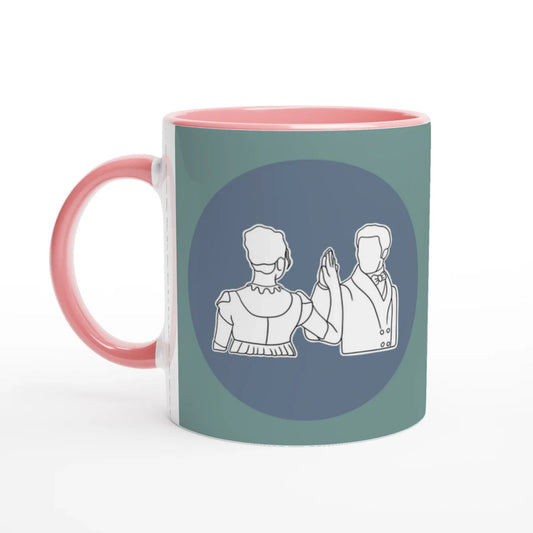 Pride and Prejudice inspired mug with a design of Mr Darcy and Elizabeth Bennett holding hands on a blue background, against a white background.