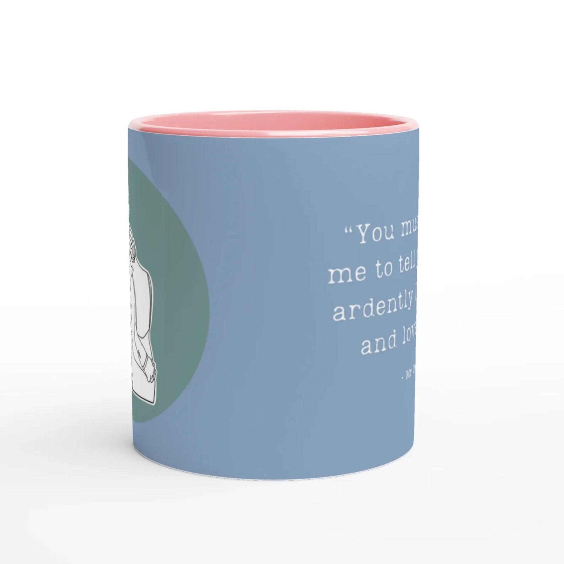 Pride and Prejudice inspired blue mug with pink interior, green accent, and text on a white background