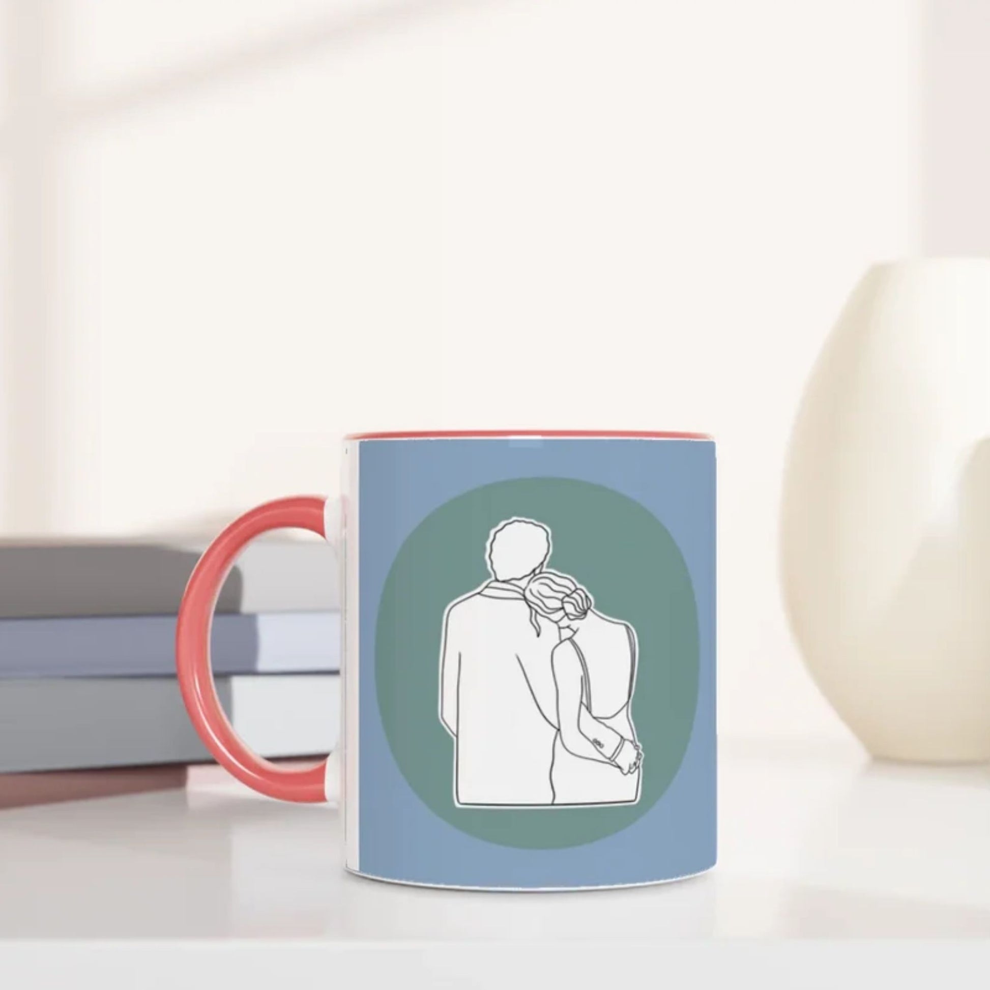 Jane Austen inspired mug with a design of Mr Darcy and Elizabeth Bennett embracing on a light background