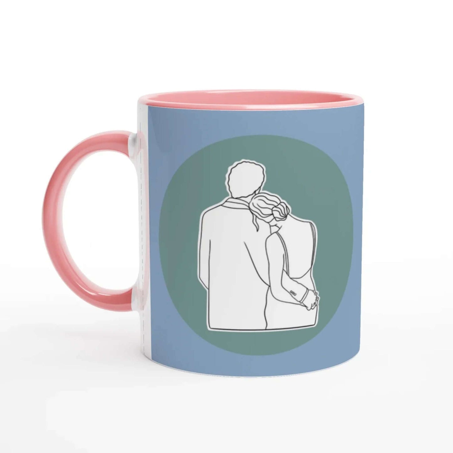 Jane Austen mug with a design of Mr Darcy and Elizabeth embracing on a blue background with a pink interior.