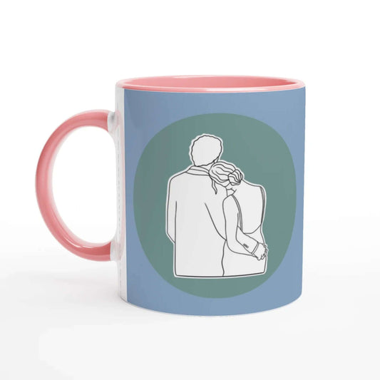 Jane Austen mug with a design of Mr Darcy and Elizabeth embracing on a blue background with a pink interior.
