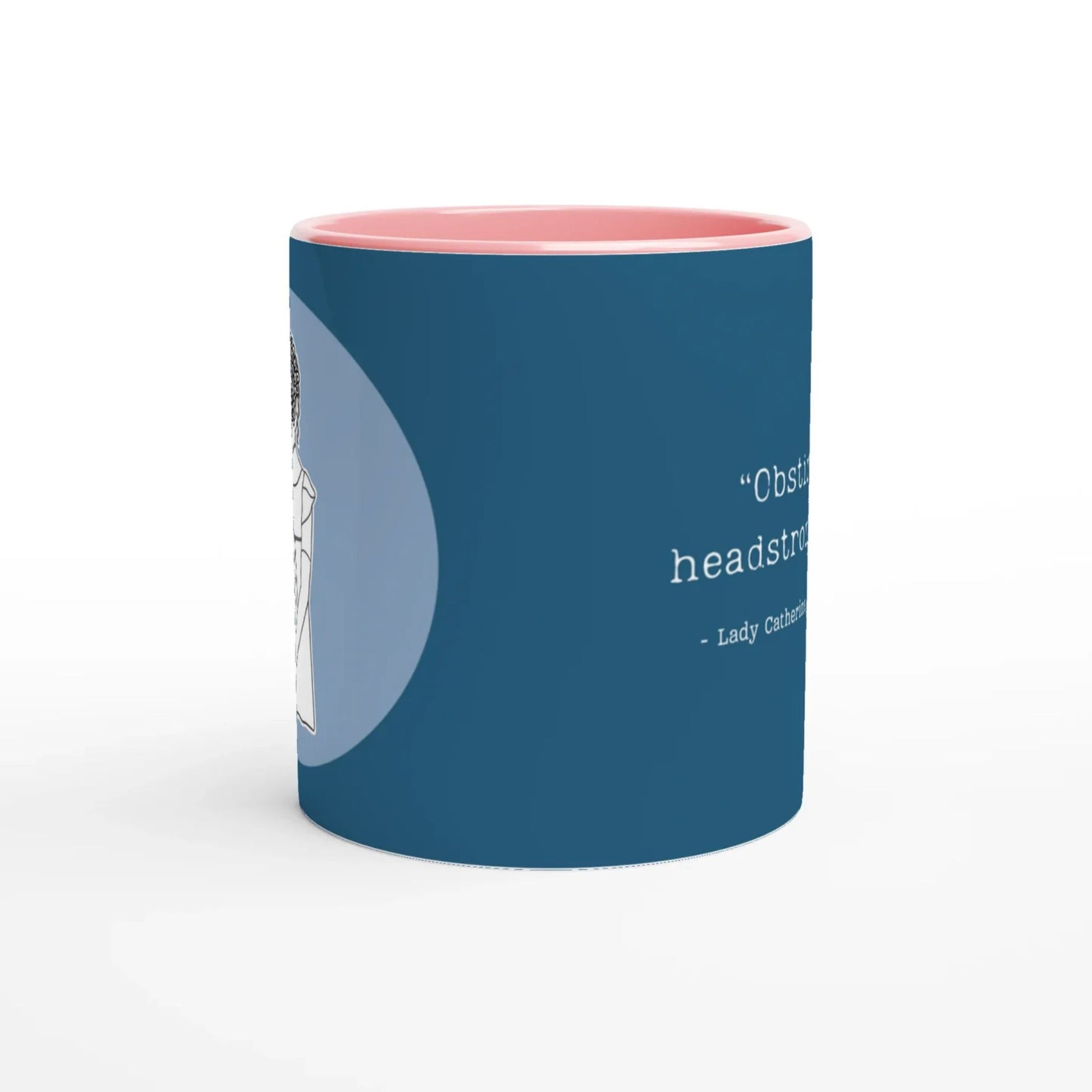 Jane Austen Pride and Prejudice blue mug with pink interior on a white background