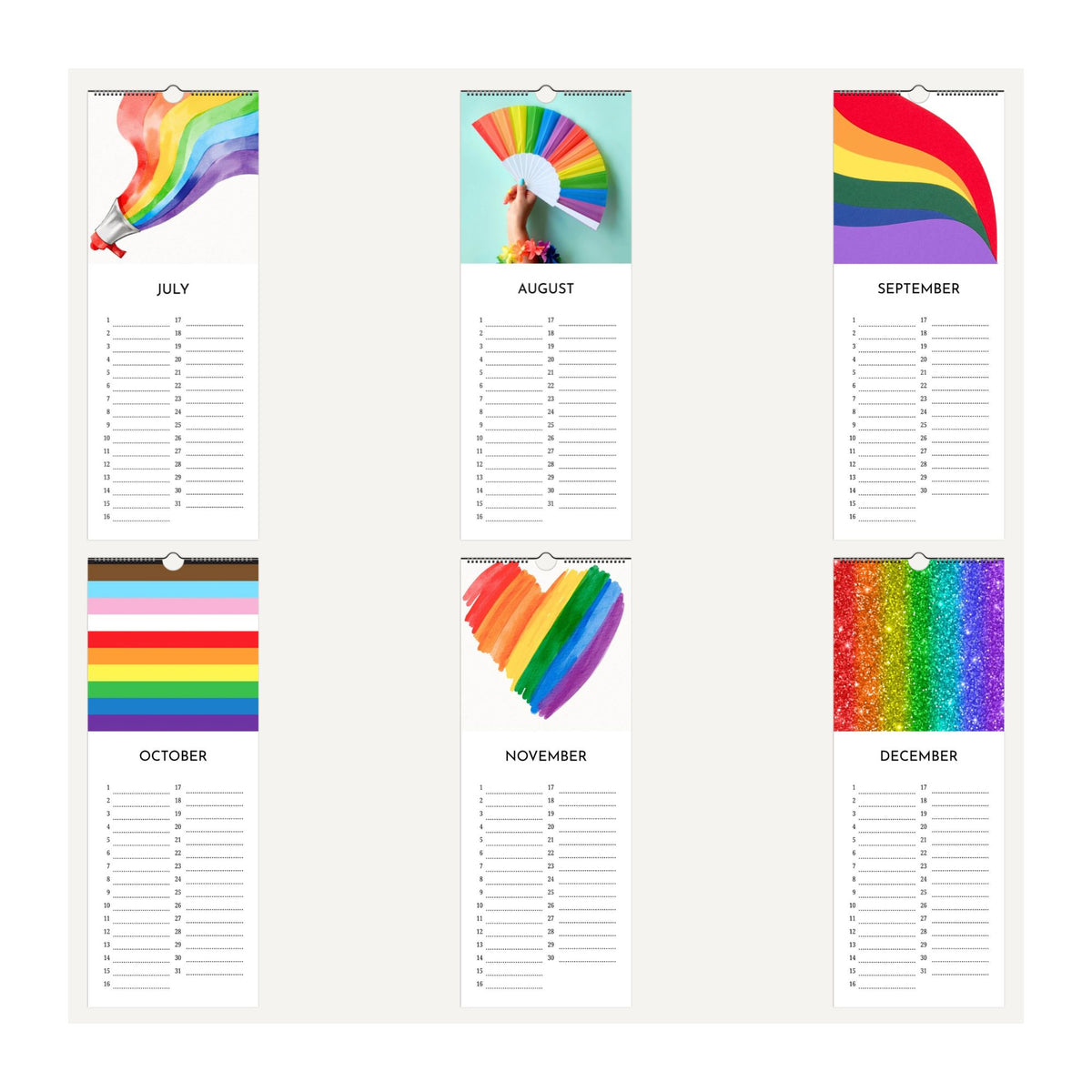 Rainbow Pride birthday perpetual calendar thumbnail images for July through to December