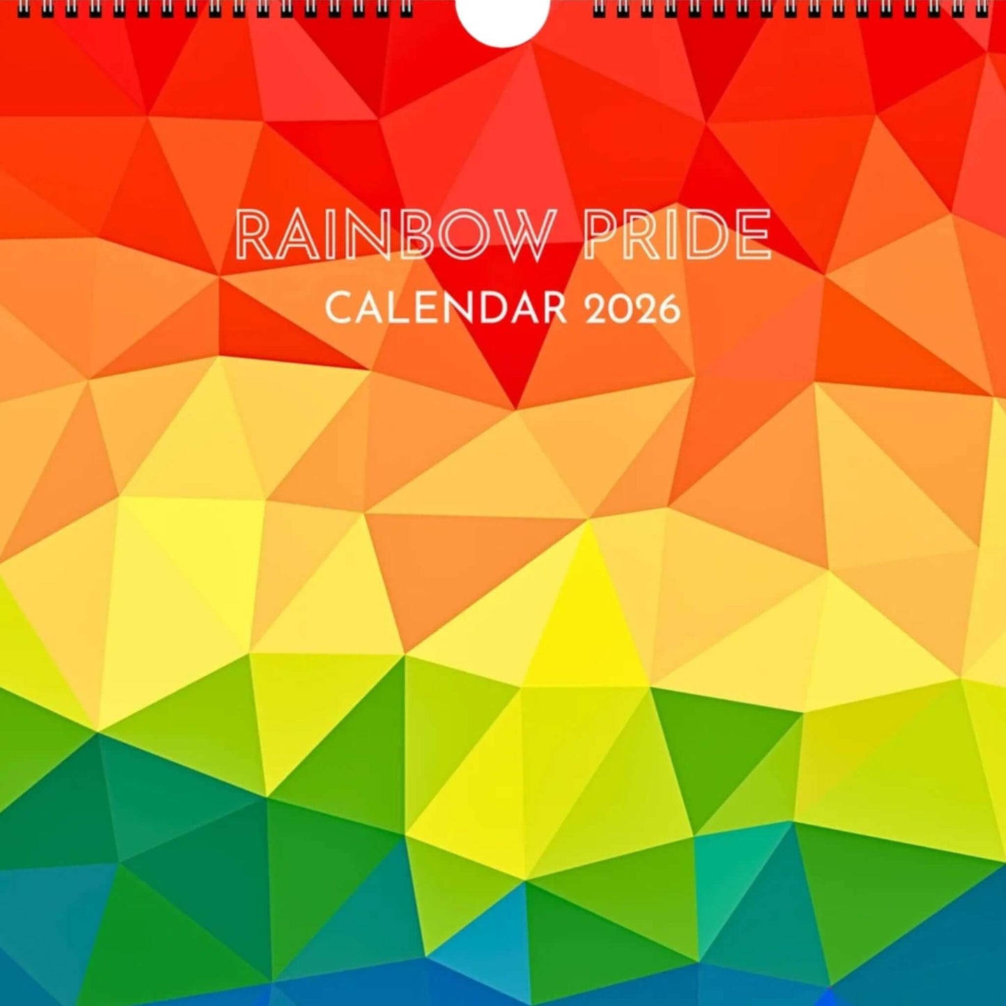 Calendar cover with rainbow pride design and text 'Rainbow Pride Calendar 2026' on a geometric pattern.