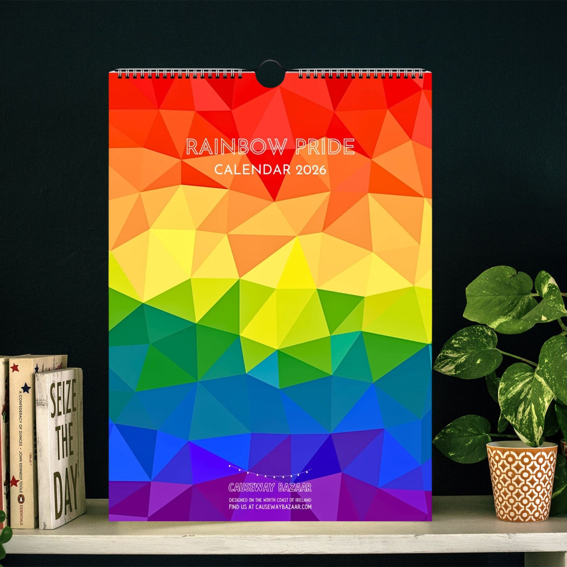 Rainbow pride calendar with geometric design on a shelf with books and a plant.