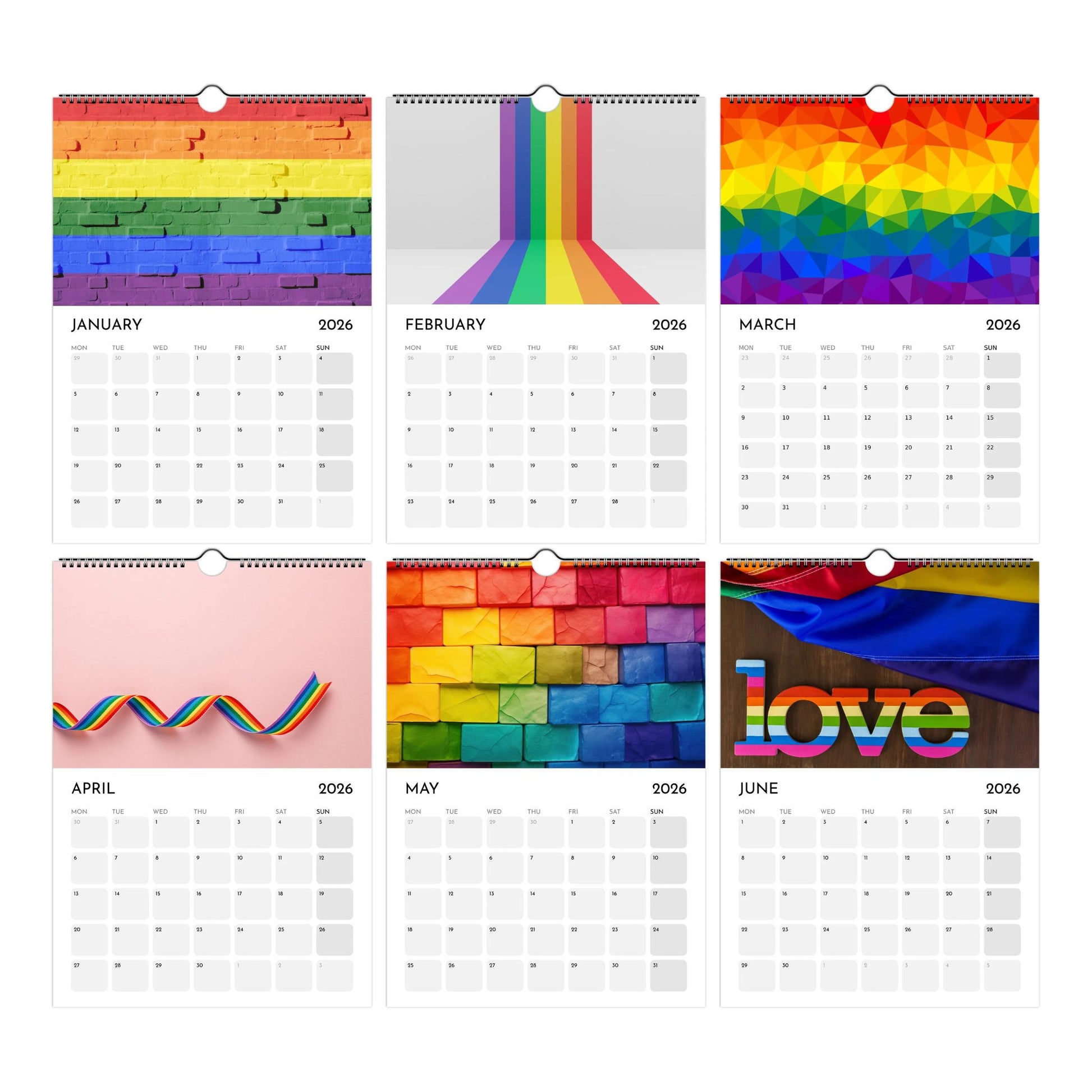 Calendar with rainbow-themed designs for each month on a white background