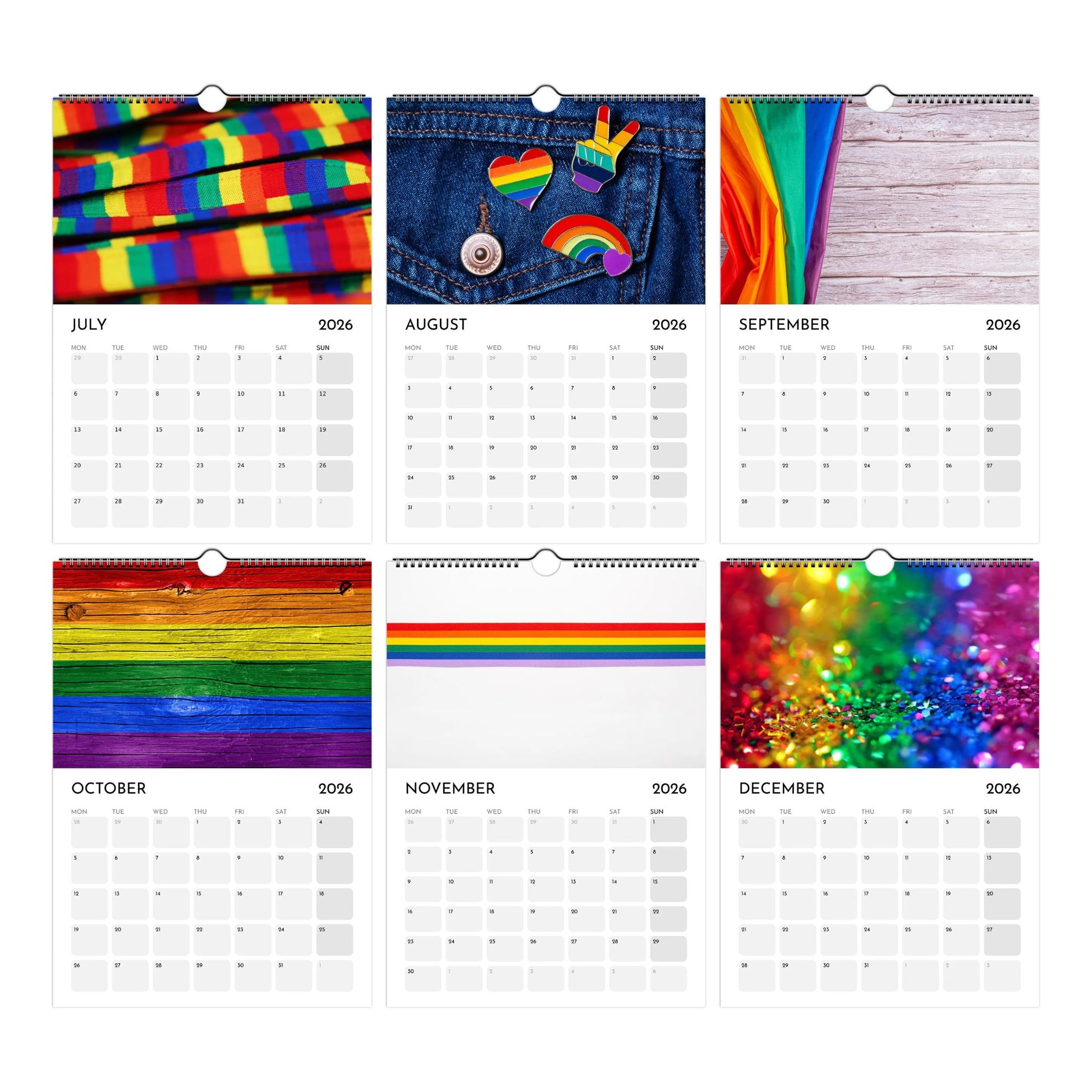 Calendar with rainbow designs for each month on a white background