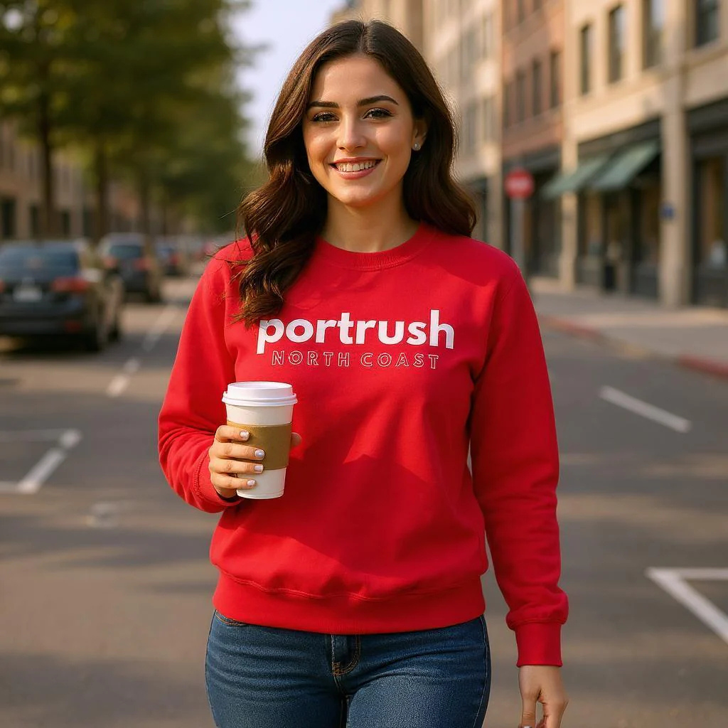 Red Portrush North Coast Sweater with Pink Text by Causeway Bazaar Northern Ireland (Model View)