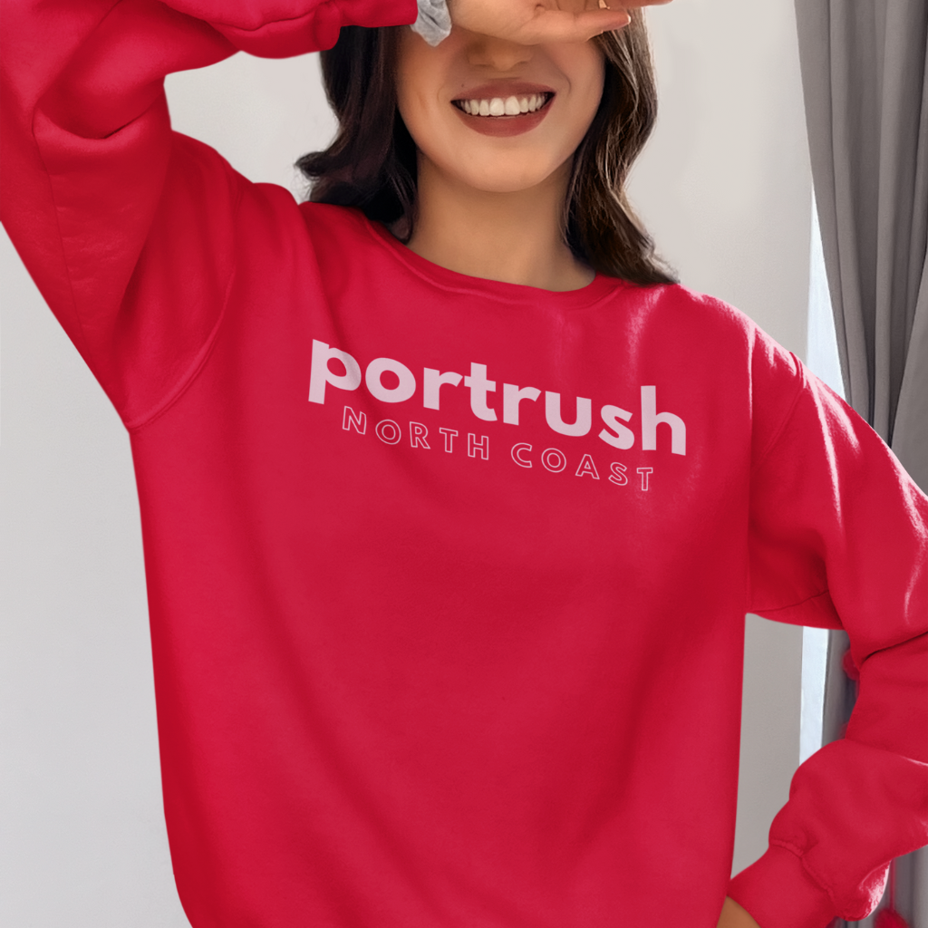 Red Portrush North Coast Sweater with Pink Text by Causeway Bazaar Northern Ireland (Model Side View)