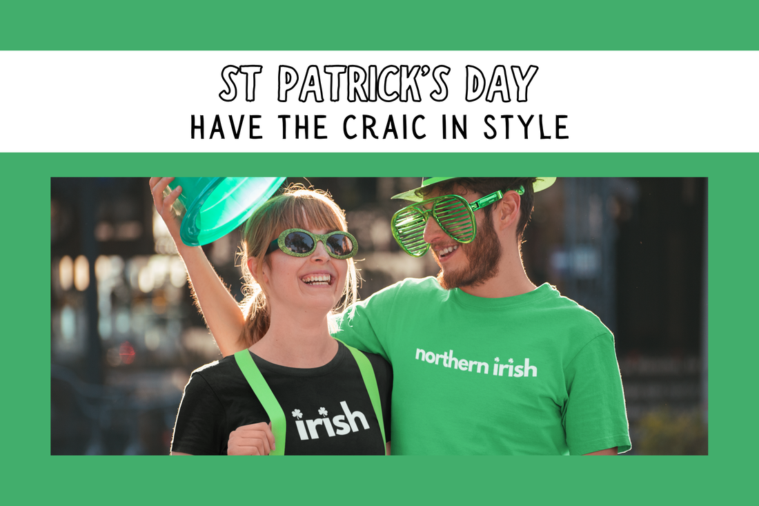 Image of two people celebrating St Patrick's Day, wearing big glasses and green hats and Irish and Northern Irish T-Shirts