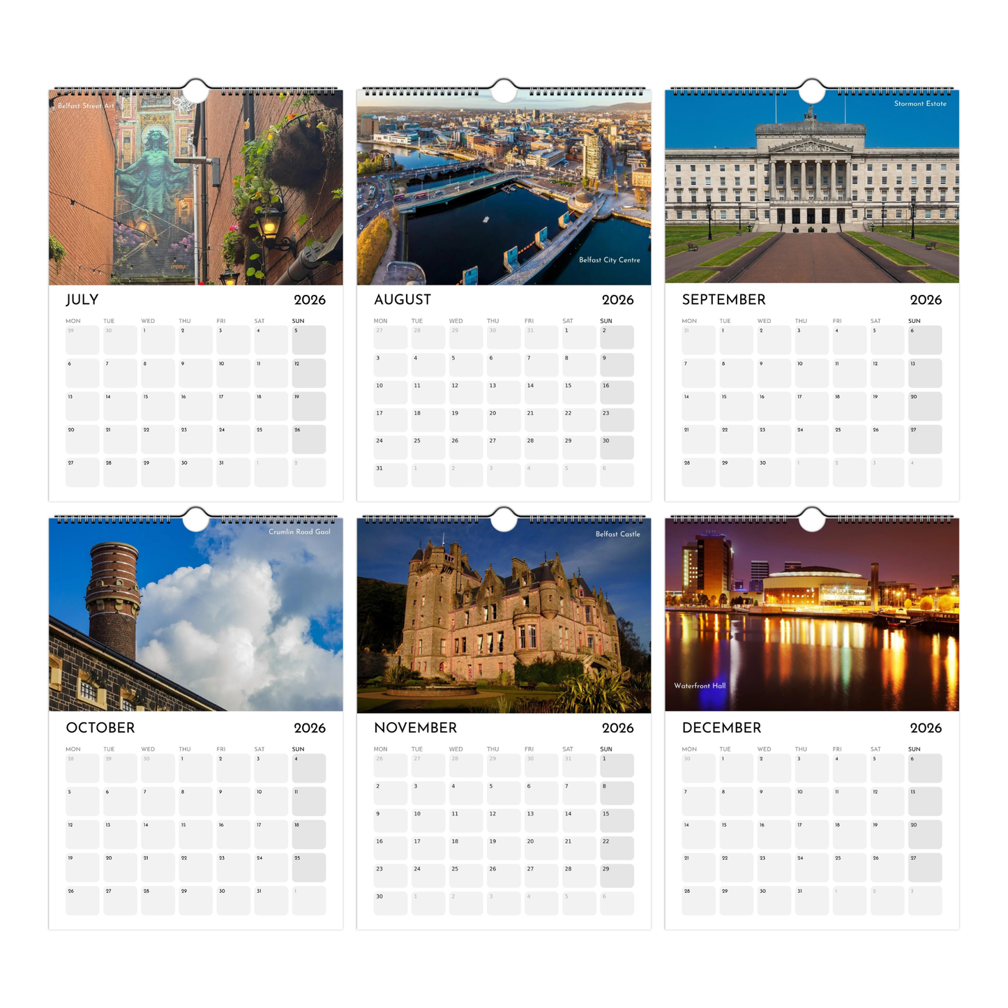 Belfast Calendar 2026 with scenic images of buildings and landscapes for each month.