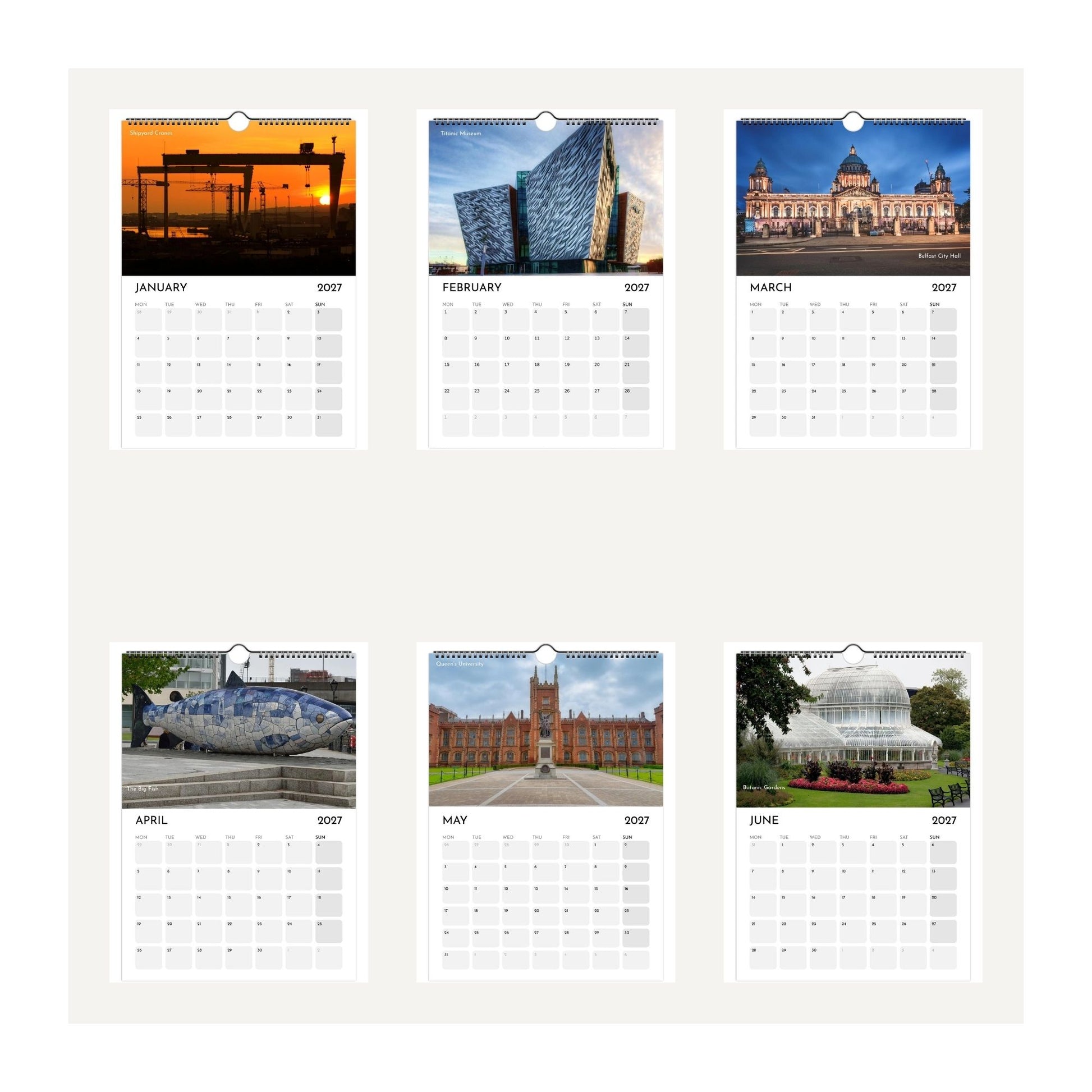 Six thumbnail images from the Belfast 2027 wall calendar, showing monthly pages with scenic photographs and grids for days of the week January to June 2027. The pages are arranged in two rows on a light beige background.