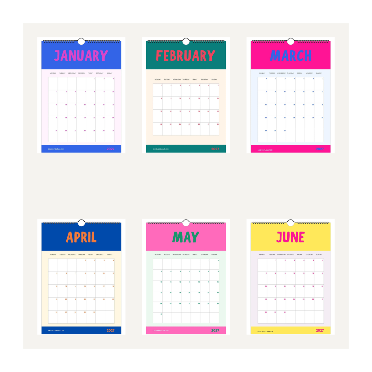 Bold & Bright Calendar 2027 January to June page preview showing six colourful monthly designs with bold typography, vibrant contrasting colours and spacious planning grids.