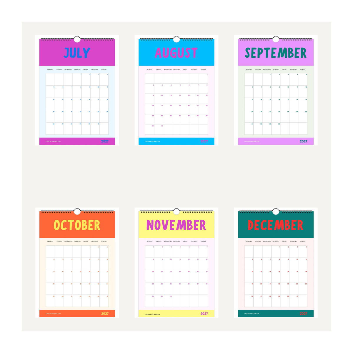 Bold & Bright Calendar 2027 July to December page preview showing six colourful monthly layouts with bold month typography, bright colour combinations and practical planning grids.