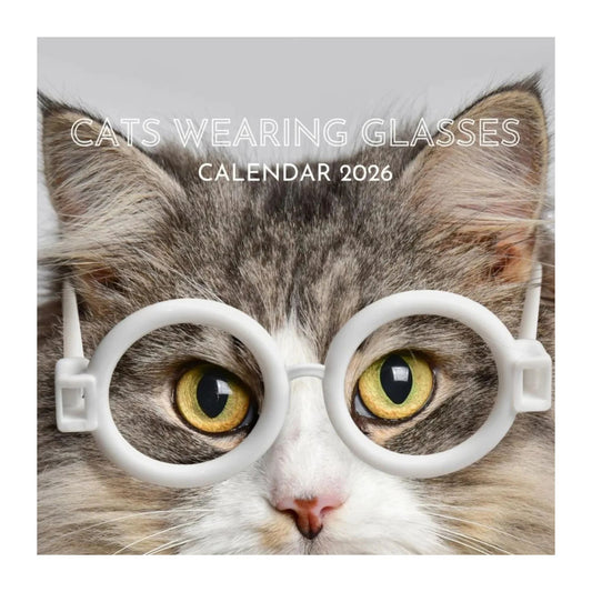 Calendar cover featuring a cat wearing glasses with text 'Cats Wearing Glasses Cat Calendar 2026'.