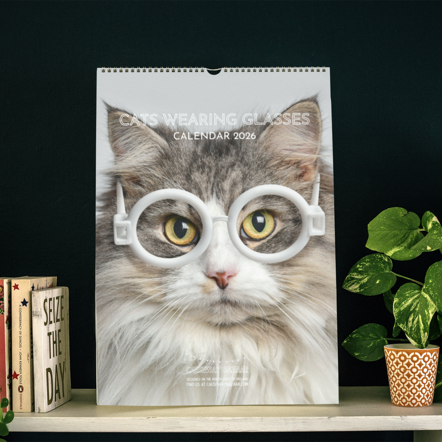 Calendar with a cat wearing glasses on a shelf with books and a plant.