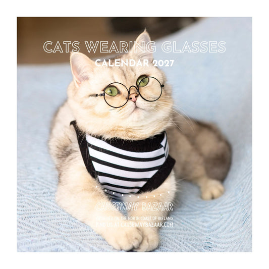 Calendar cover for a CATS WEARING GLASSES CALENDAR 2027 featuring a fluffy cream-coloured cat wearing round black-rimmed glasses and a black-and-white striped bandana on a light blue textured blanket. 