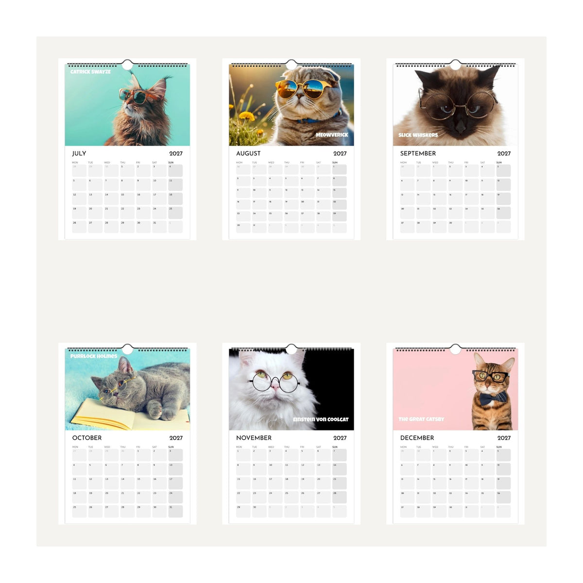 Six-month thumbnail images of July to December 2027 pages taken from the Cats Wearing Glasses 2027 wall calendar featuring humorous cat photos for each month, displayed on a light beige background.
