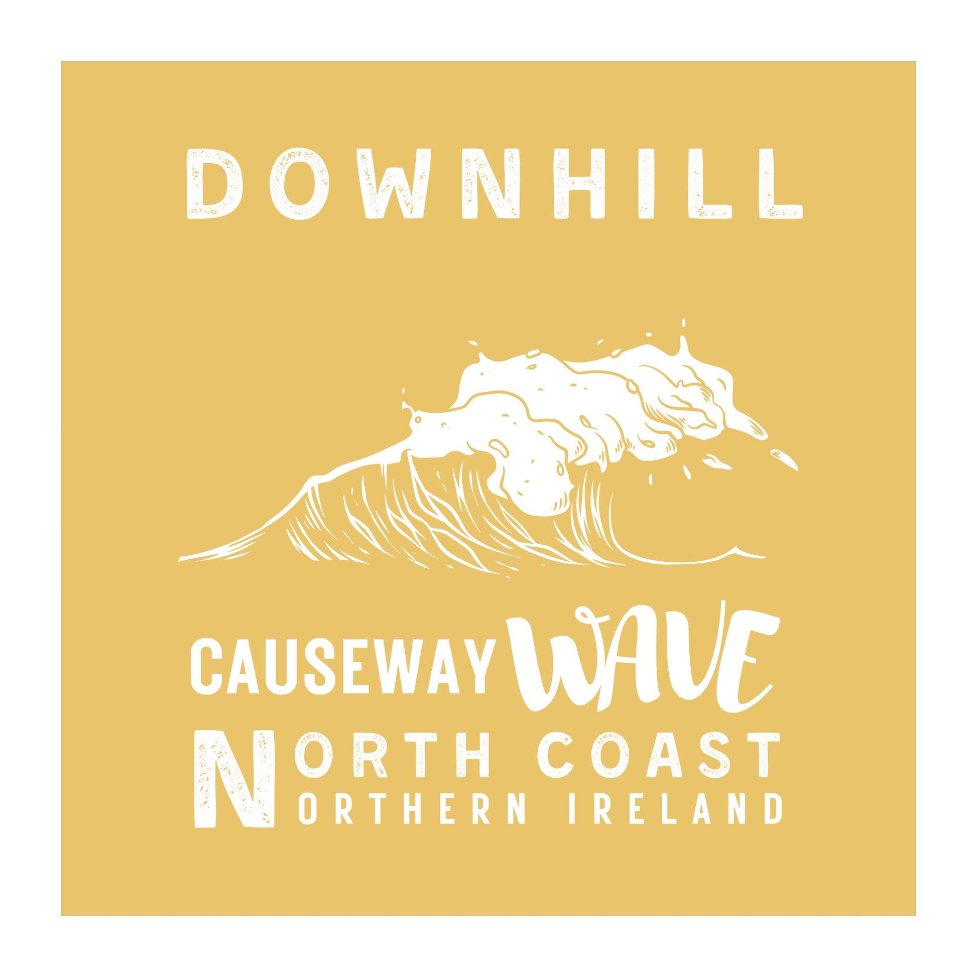 Causeway Wave logo with wave illustration and Downhill Benone North Coast Northern Ireland text on a yellow background