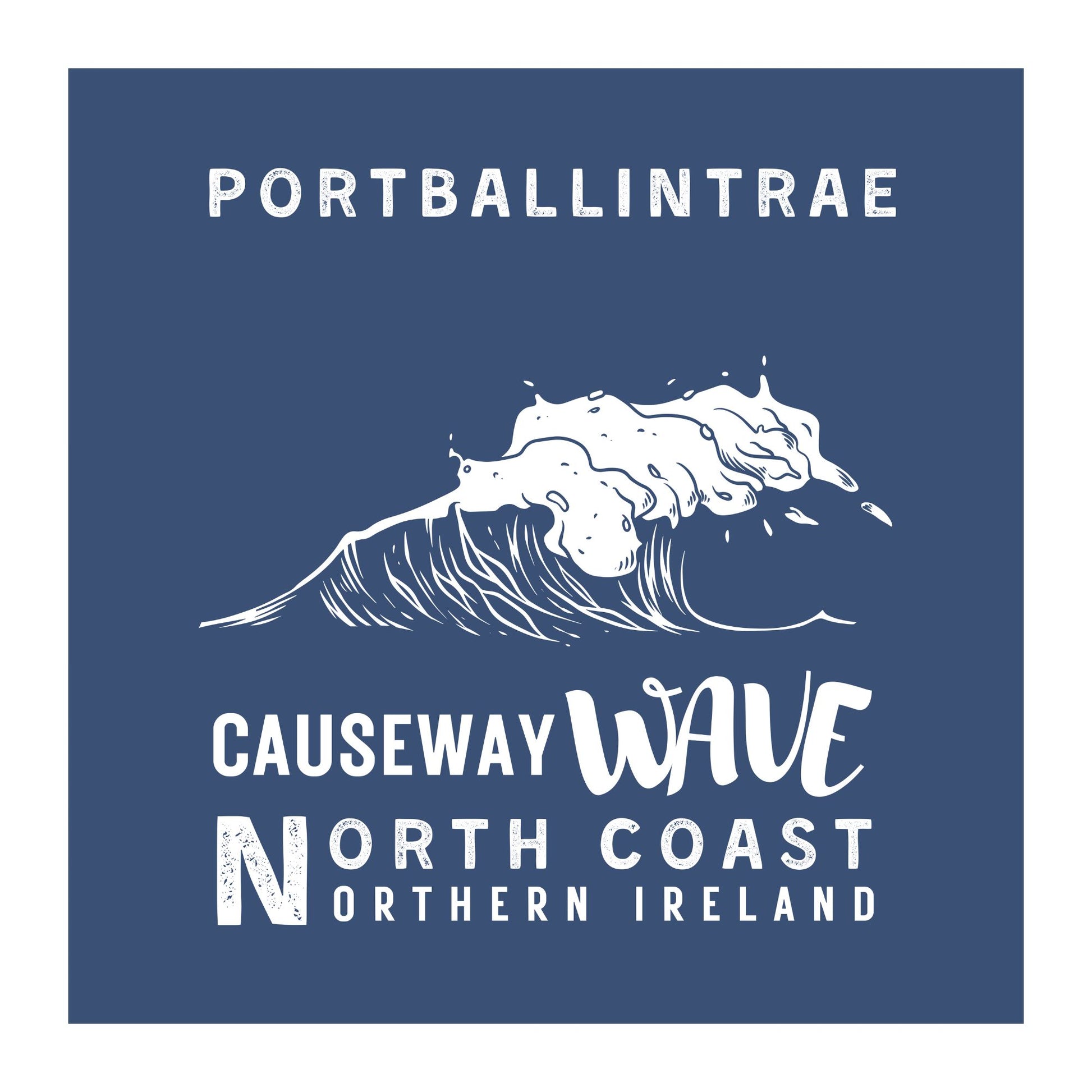 Causeway Wave logo with wave illustration and Portballintrae North Coast Northern Ireland text on a blue purple background
