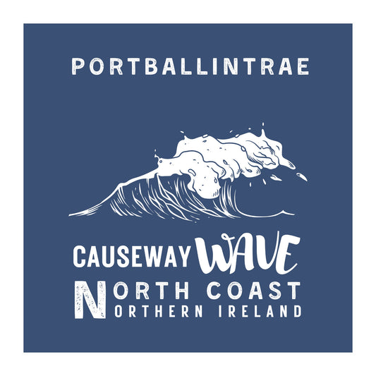 Causeway Wave logo with wave illustration and Portballintrae North Coast Northern Ireland text on a blue purple background