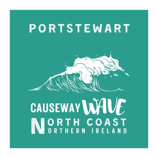 Causeway Wave logo with wave illustration and Portstewart North Coast Northern Ireland text on a blue-green background