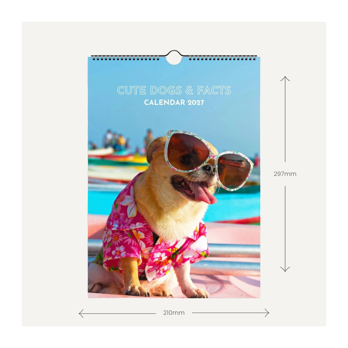 A 2027 wall calendar titled 'CUTE DOGS & FACTS' shown hanging against a light gray background, with dimension arrows indicating 297mm height and 210mm width. The cover photo features a small tan dog wearing oversized sunglasses and a pink floral shirt by a blue pool.