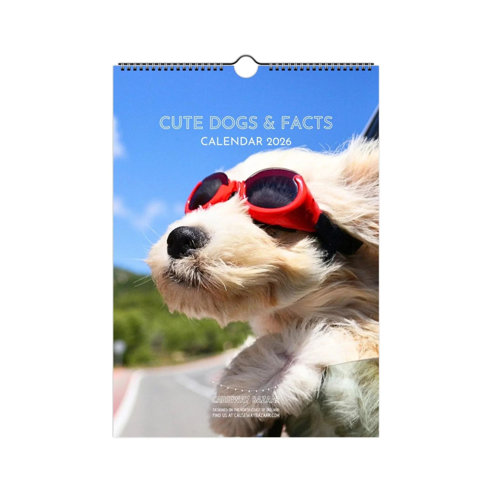 Cute dogs calendar 2026 cover image of dog wearing goggles